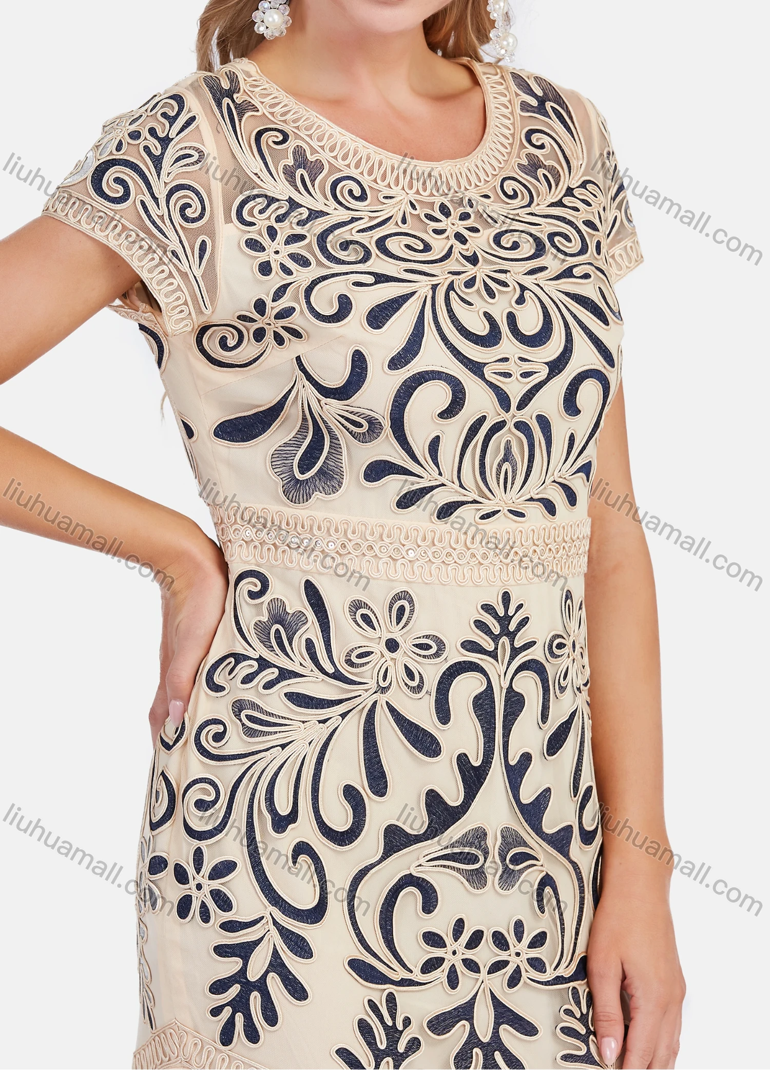 Wholesale Women' Elegant Short Sleeve Embroidered Mesh A-Line Short Dress - Liuhuamall