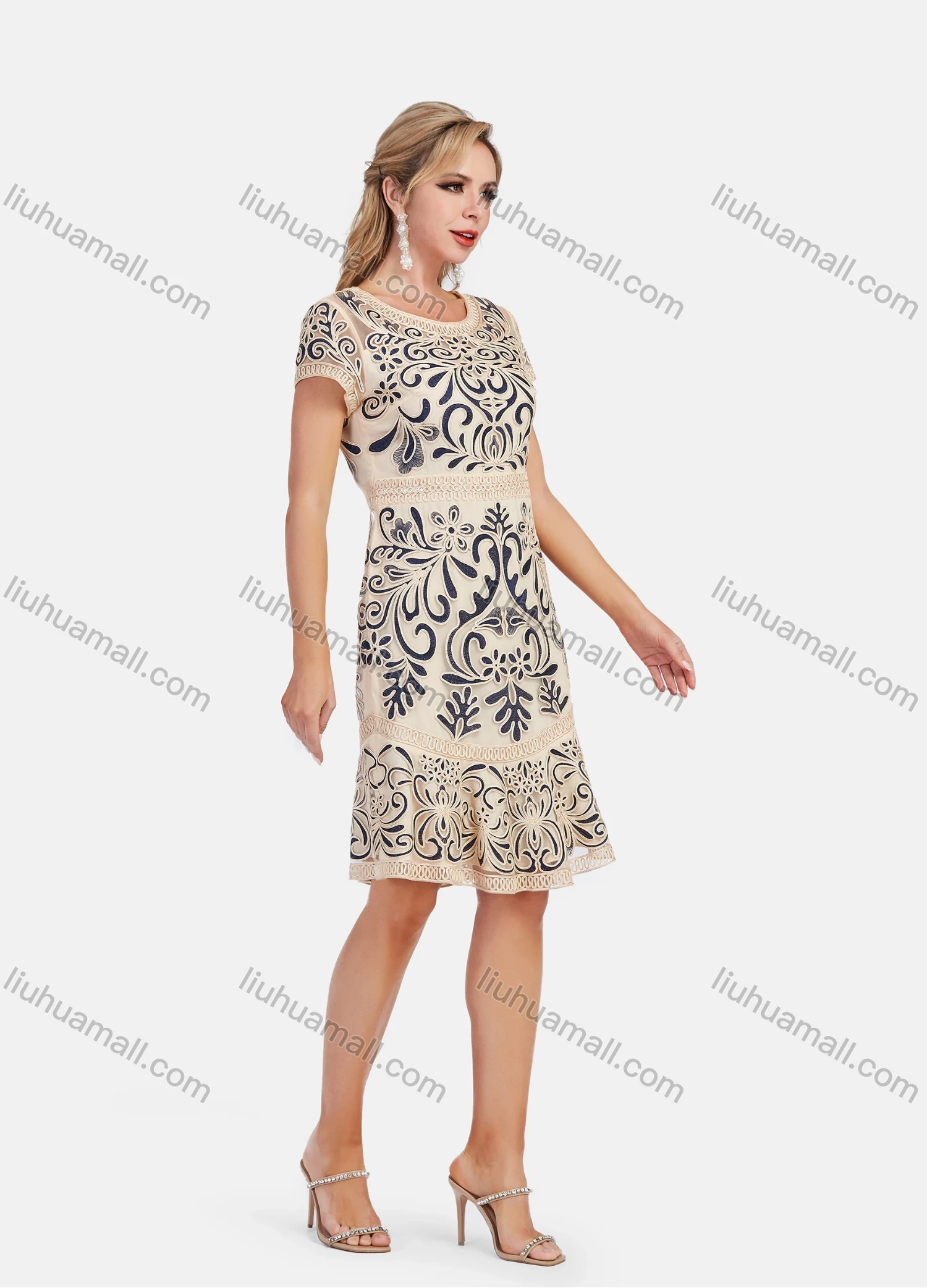 Wholesale Women' Elegant Short Sleeve Embroidered Mesh A-Line Short Dress - Liuhuamall