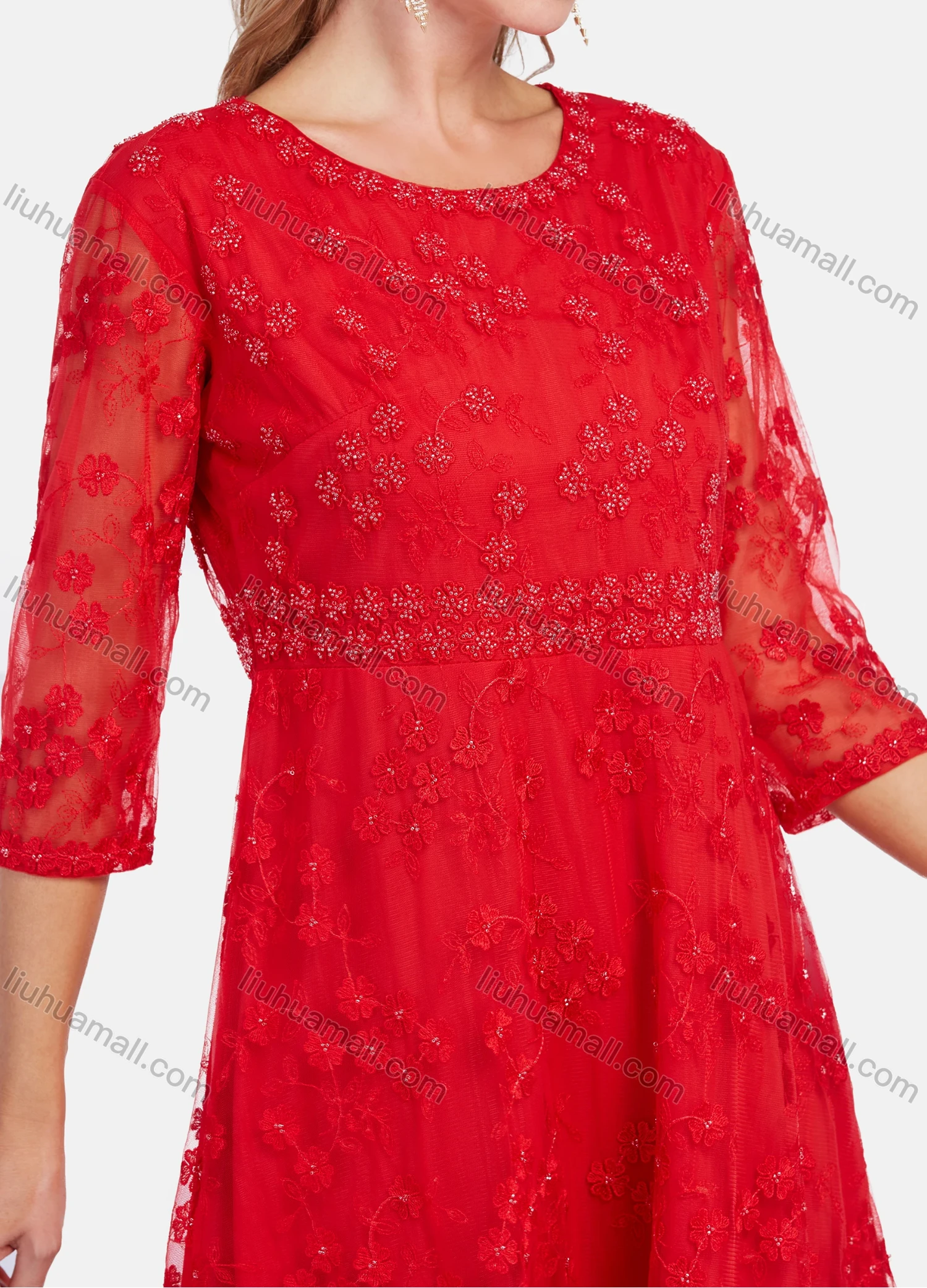 Wholesale Women's Elegant High Waist Sheer Lace Embroidery Sleeve Short Dress - Liuhuamall