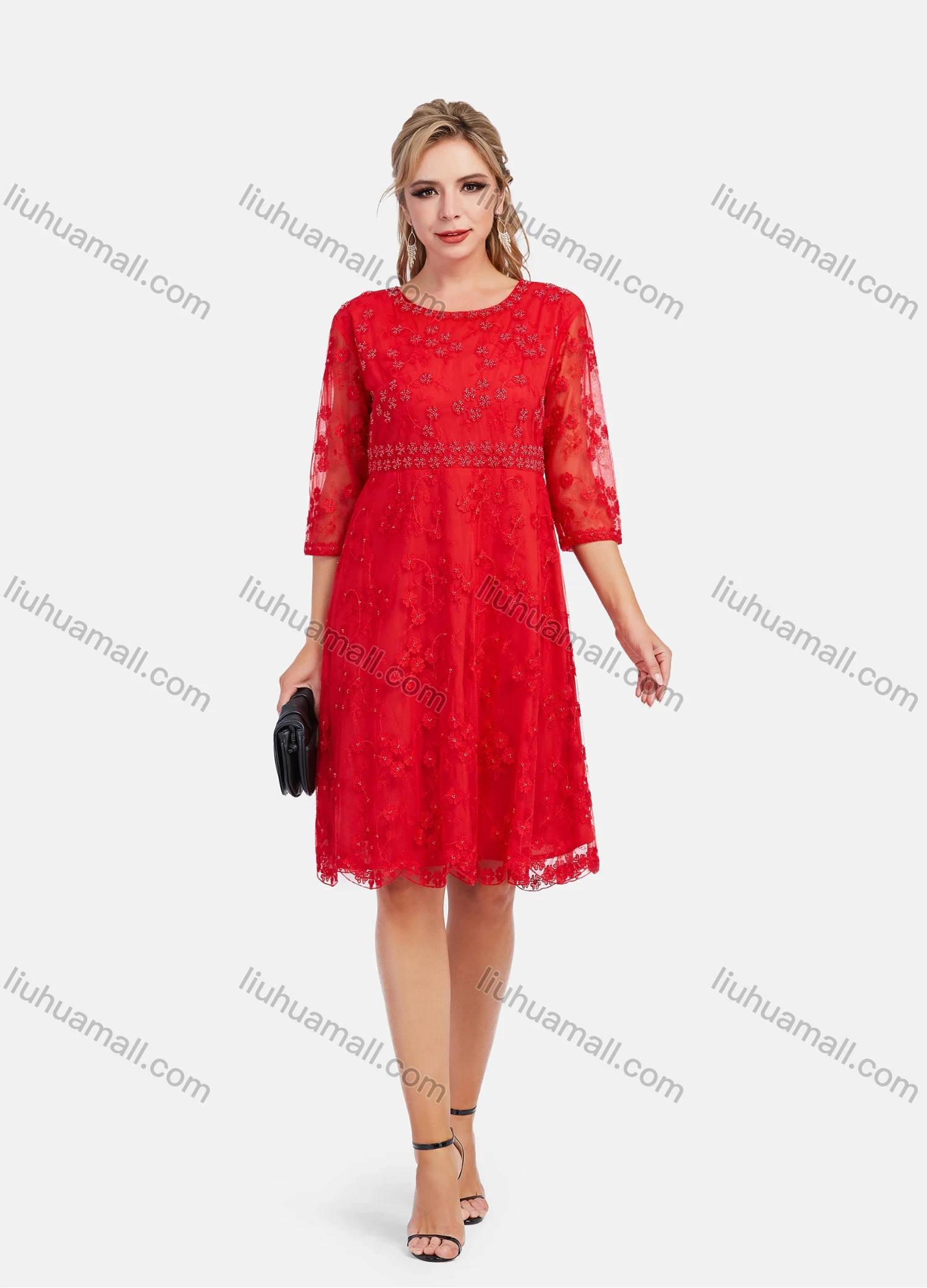 Wholesale Women's Elegant High Waist Sheer Lace Embroidery Sleeve Short Dress - Liuhuamall