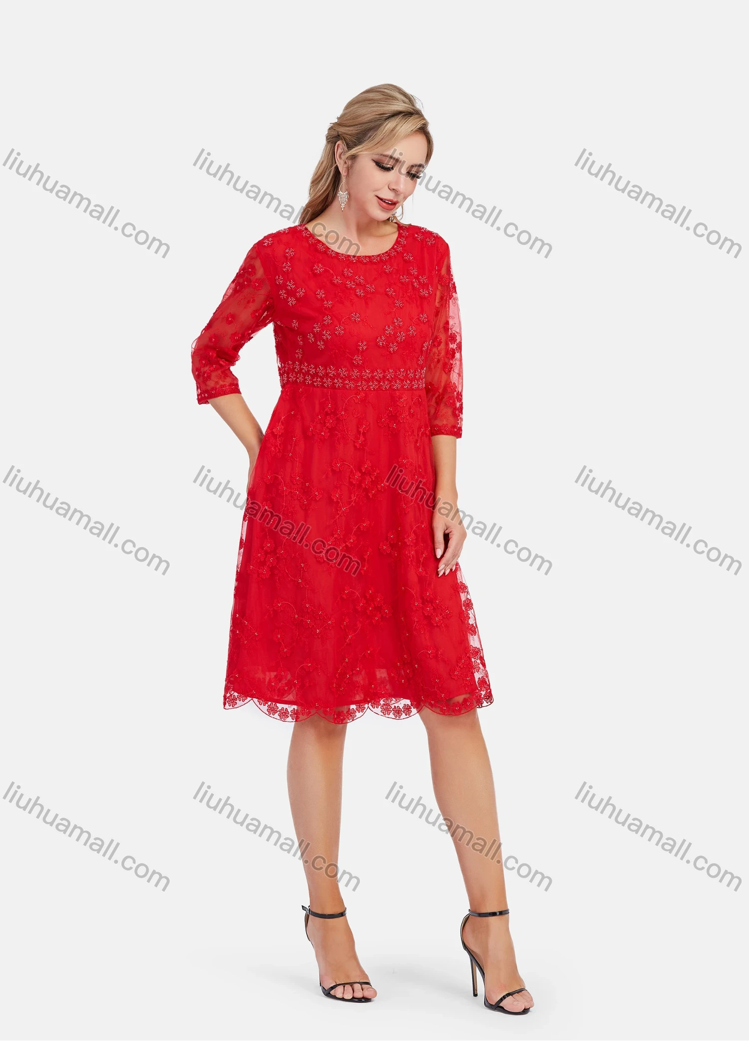 Wholesale Women's Elegant High Waist Sheer Lace Embroidery Sleeve Short Dress - Liuhuamall