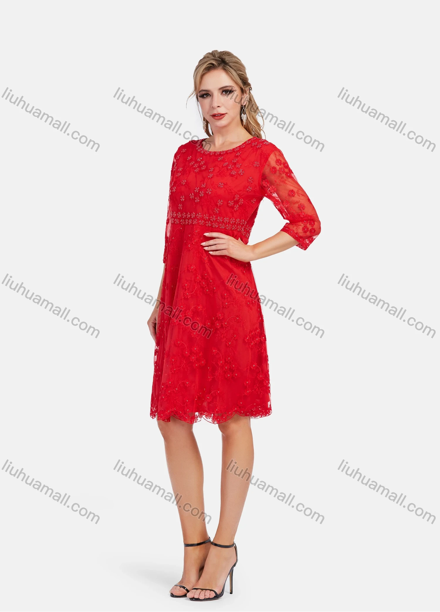 Wholesale Women's Elegant High Waist Sheer Lace Embroidery Sleeve Short Dress - Liuhuamall