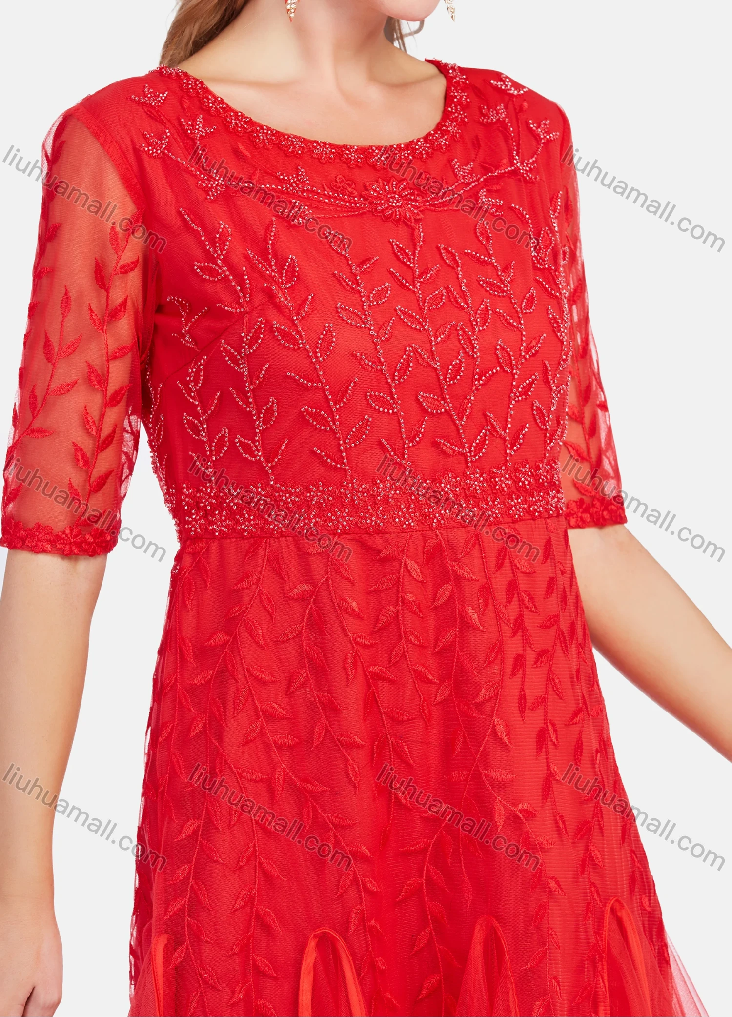 Wholesale Women's Elegant Sheer Lace Sleeve Embroidery Mesh Hem Short Dress - Liuhuamall