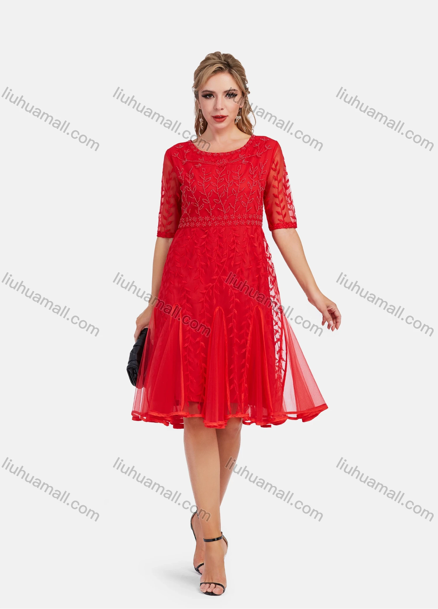 Wholesale Women's Elegant Sheer Lace Sleeve Embroidery Mesh Hem Short Dress - Liuhuamall