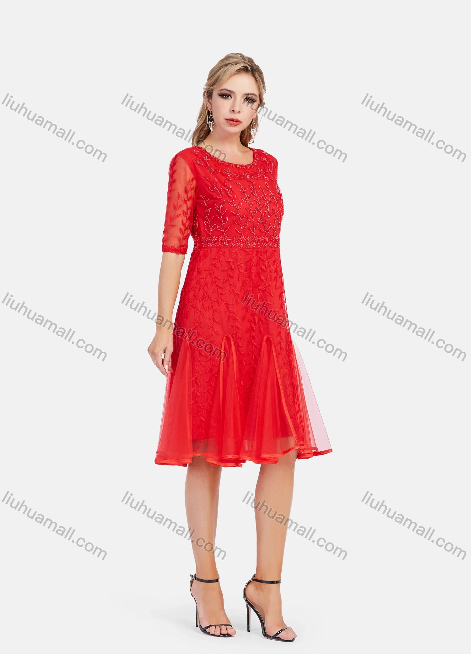 Wholesale Women's Elegant Sheer Lace Sleeve Embroidery Mesh Hem Short Dress - Liuhuamall