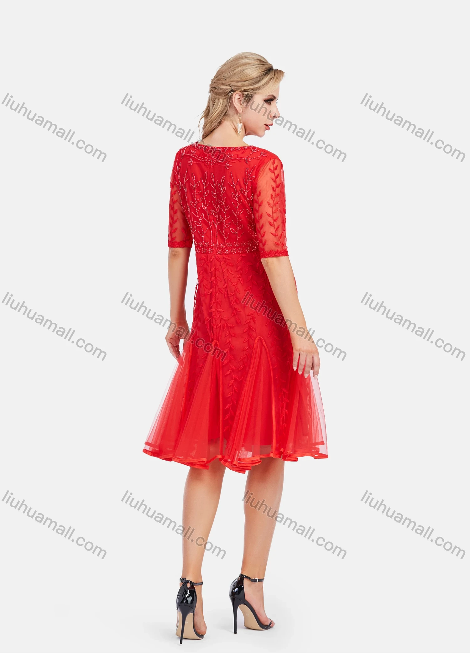 Wholesale Women's Elegant Sheer Lace Sleeve Embroidery Mesh Hem Short Dress - Liuhuamall