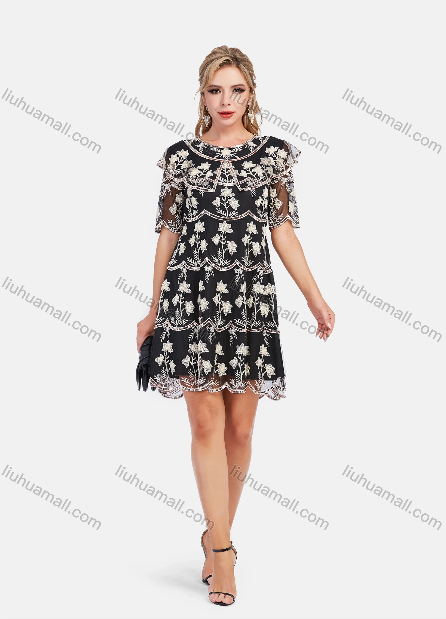 Wholesale Women's Elegant Scallop Edge Floral Embroidered Layered A-Line Mesh Sleeve Mini Dress - Liuhuamall