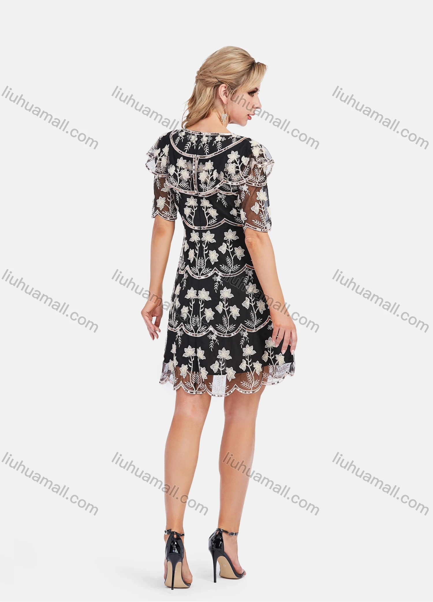 Wholesale Women's Elegant Scallop Edge Floral Embroidered Layered A-Line Mesh Sleeve Mini Dress - Liuhuamall