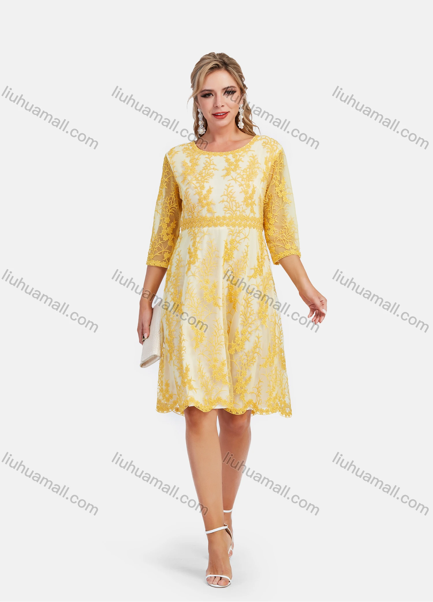 Wholesale Women's Elegant A-Line Scallop Edge Sheer Sleeve Embroidery Short Dress - Liuhuamall