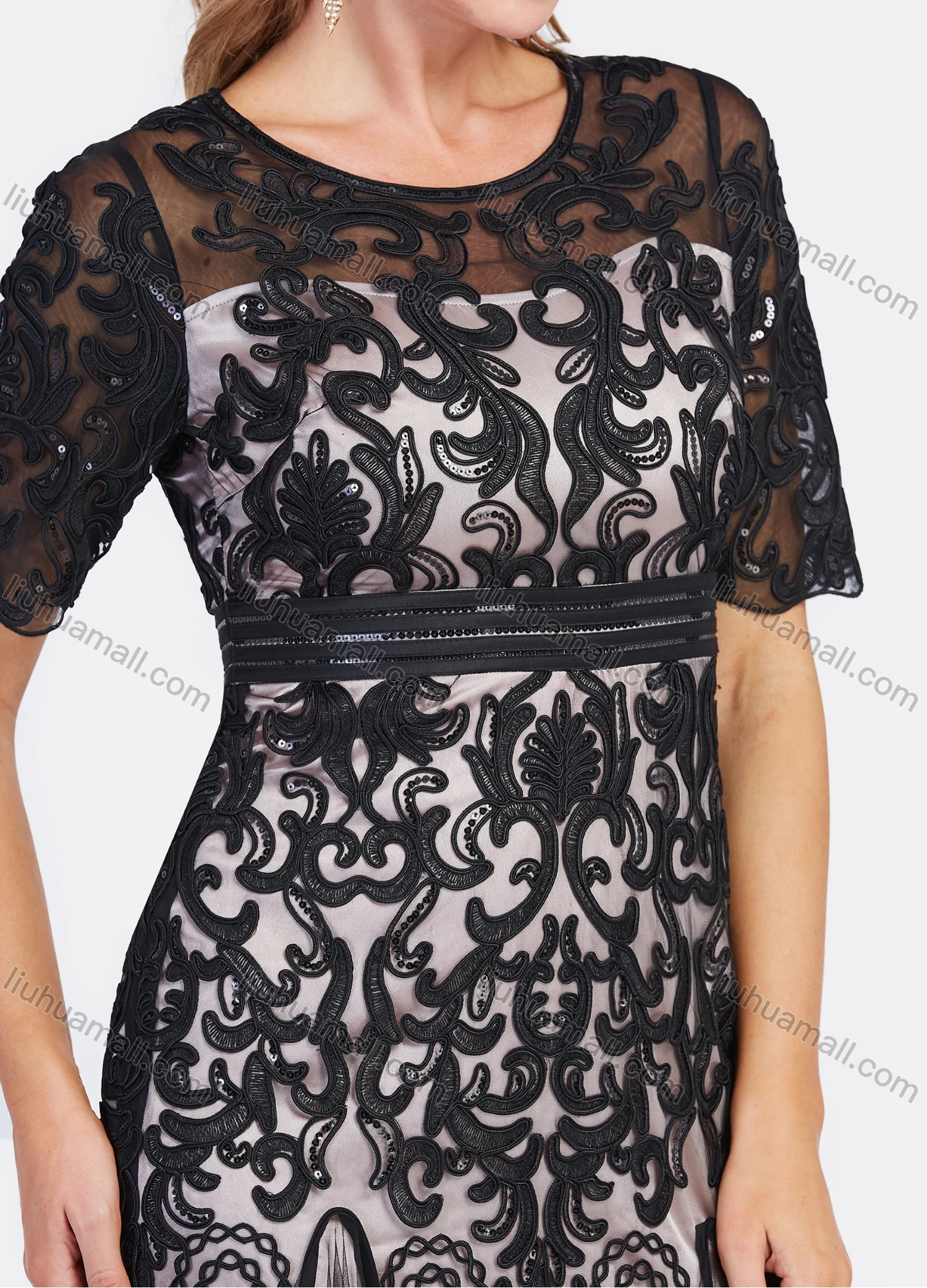 Wholesale Women's Elegant Lace Floral Embroidery High Waist Short Sleeve Knee Length Dress - Liuhuamall