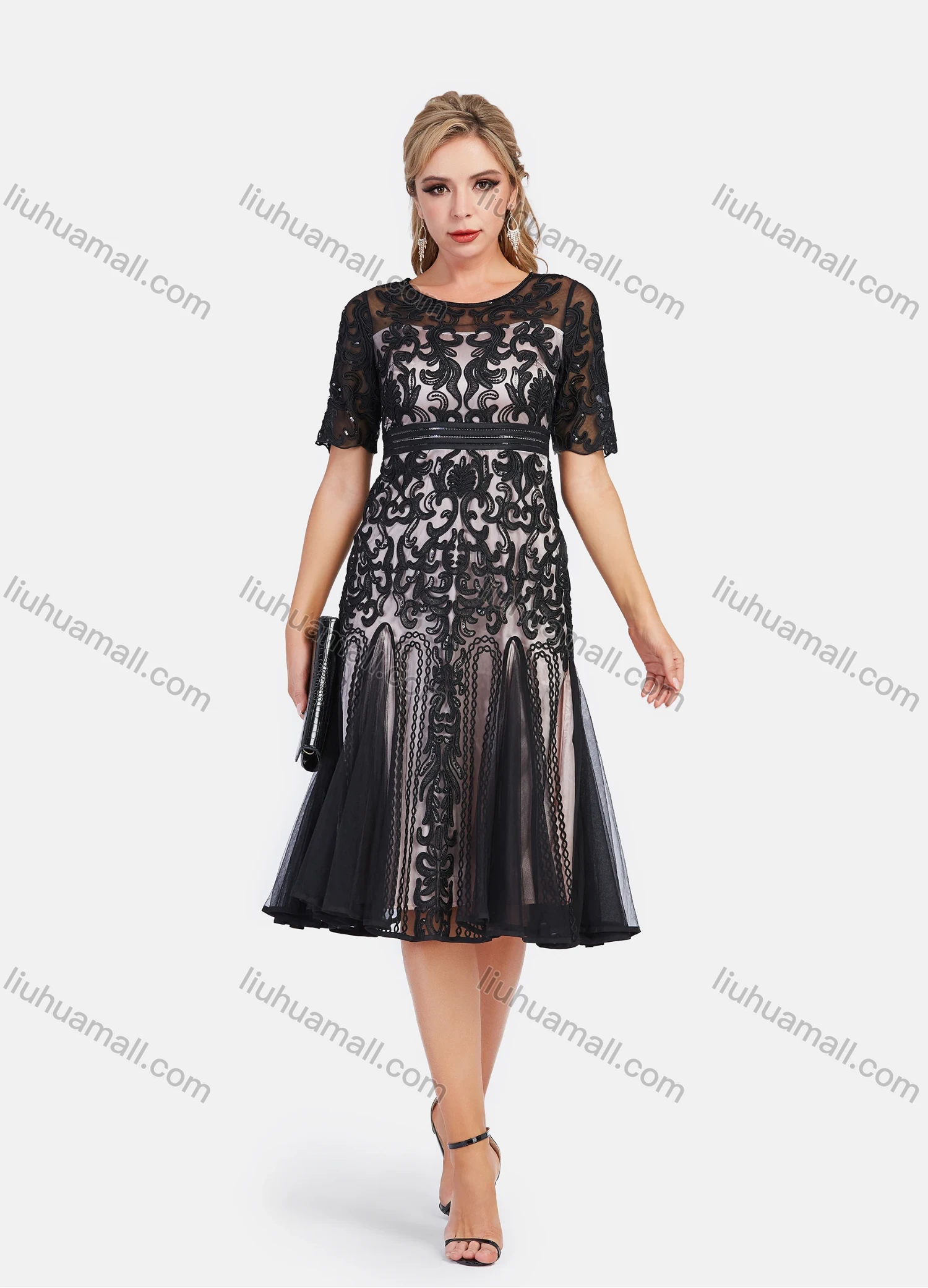 Wholesale Women's Elegant Lace Floral Embroidery High Waist Short Sleeve Knee Length Dress - Liuhuamall