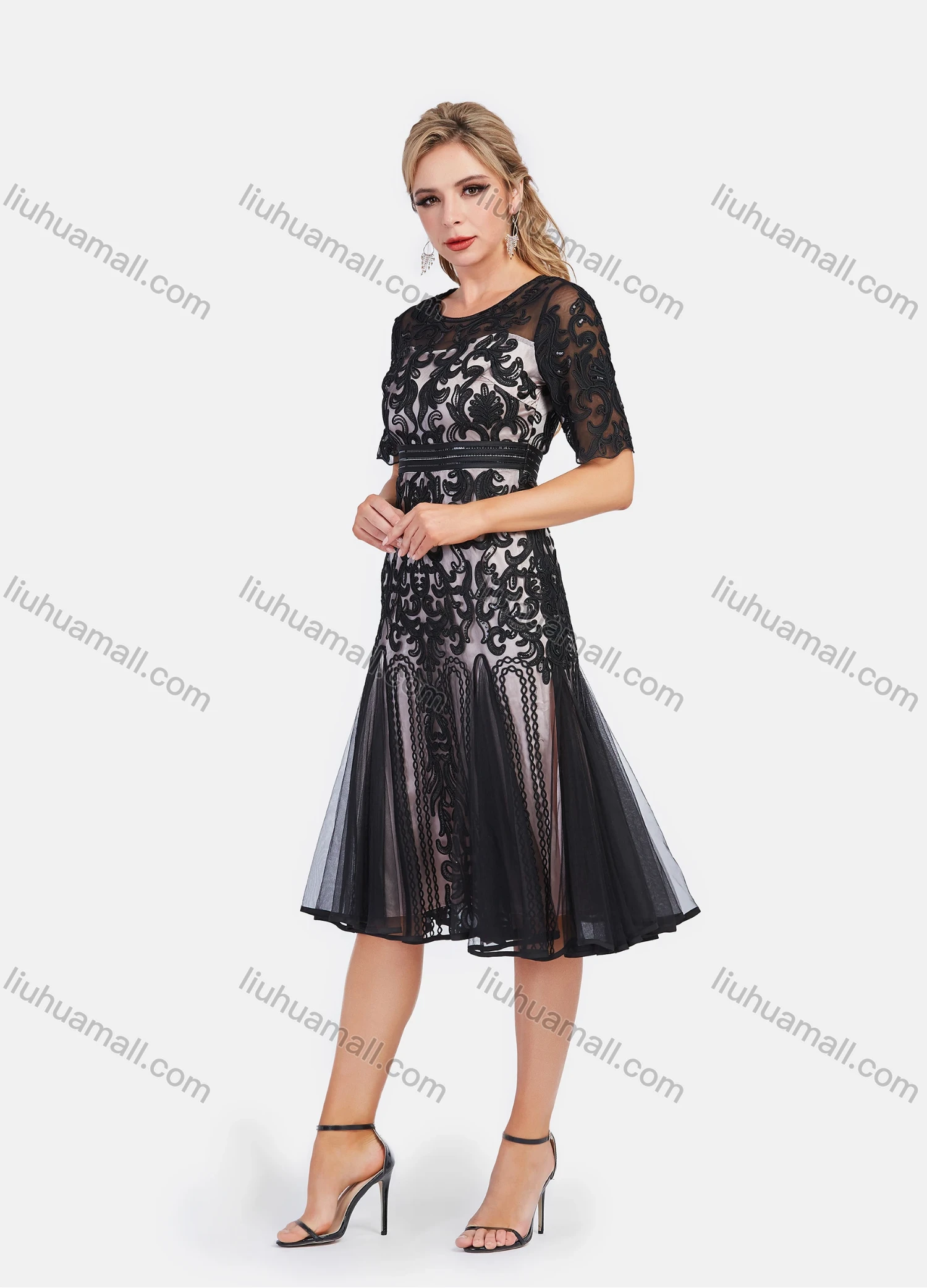 Wholesale Women's Elegant Lace Floral Embroidery High Waist Short Sleeve Knee Length Dress - Liuhuamall
