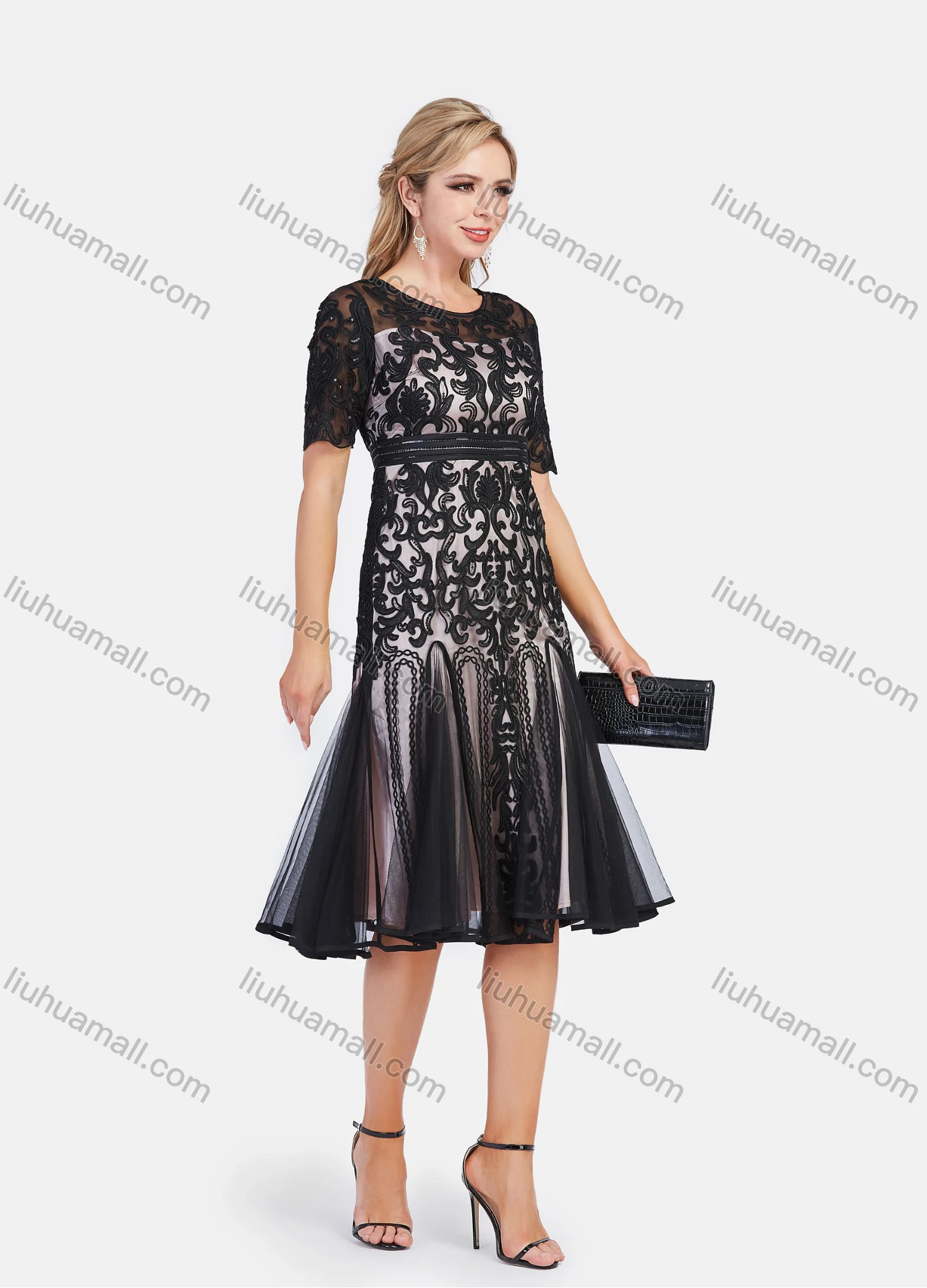 Wholesale Women's Elegant Lace Floral Embroidery High Waist Short Sleeve Knee Length Dress - Liuhuamall