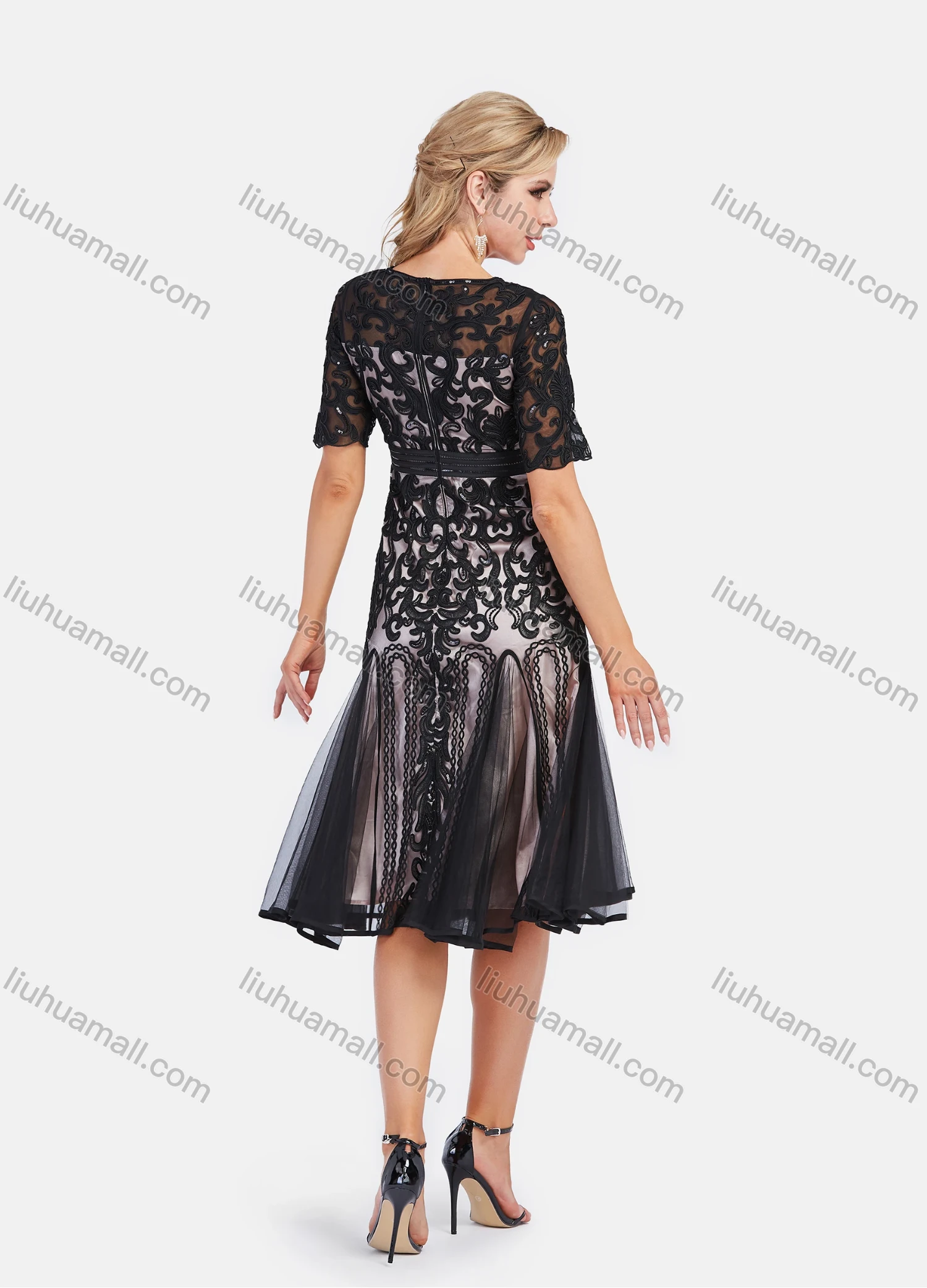 Wholesale Women's Elegant Lace Floral Embroidery High Waist Short Sleeve Knee Length Dress - Liuhuamall