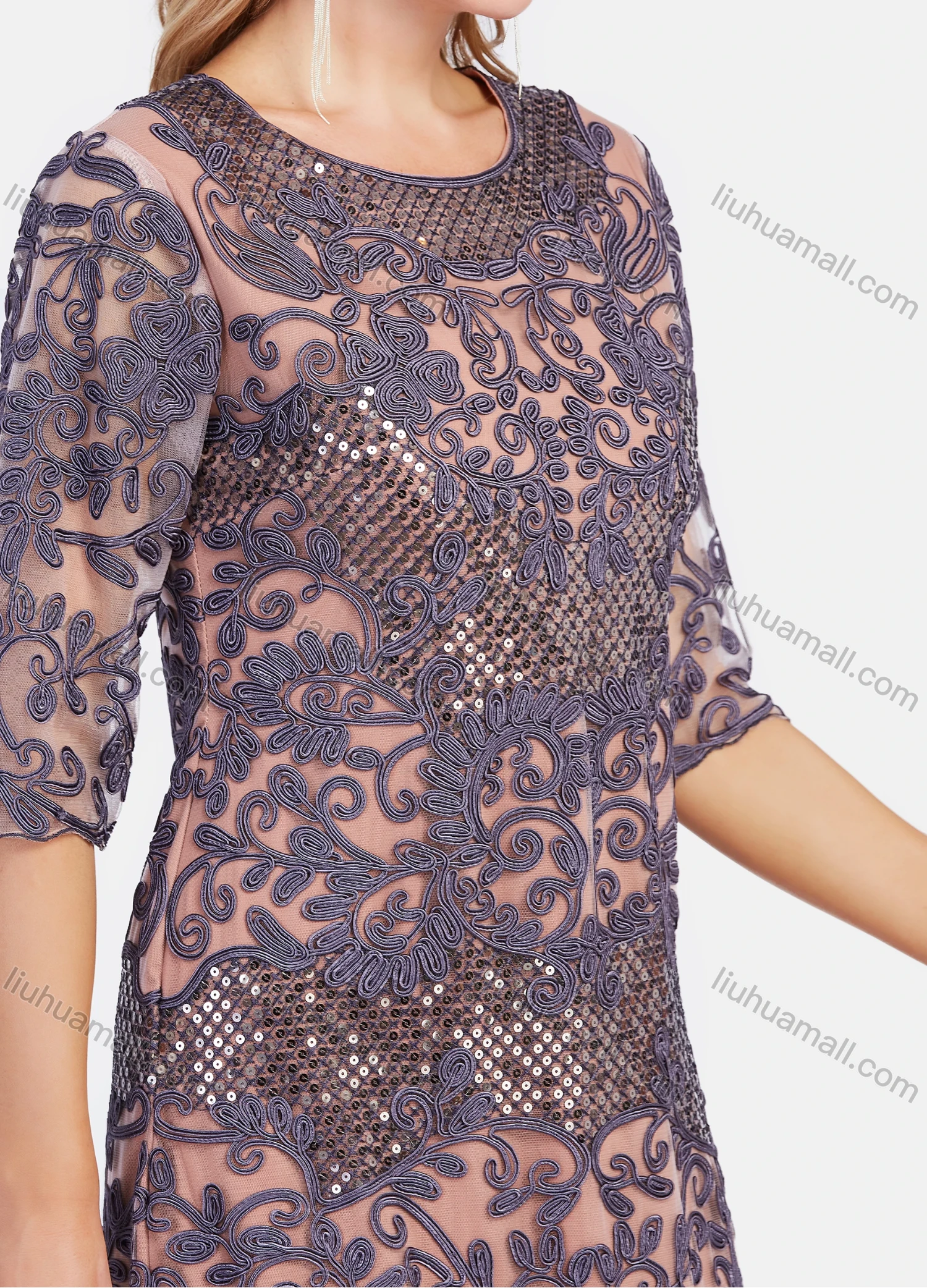 Wholesale Women's Elegant Beauty Lace Sequin Half Sleeve Mesh Embroidery Knee Length Dress - Liuhuamall