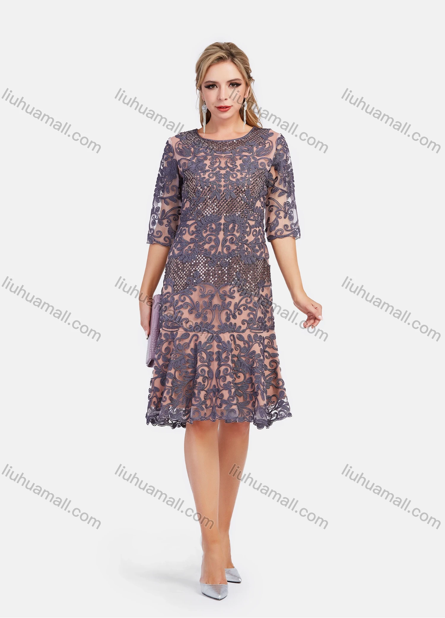 Wholesale Women's Elegant Beauty Lace Sequin Half Sleeve Mesh Embroidery Knee Length Dress - Liuhuamall