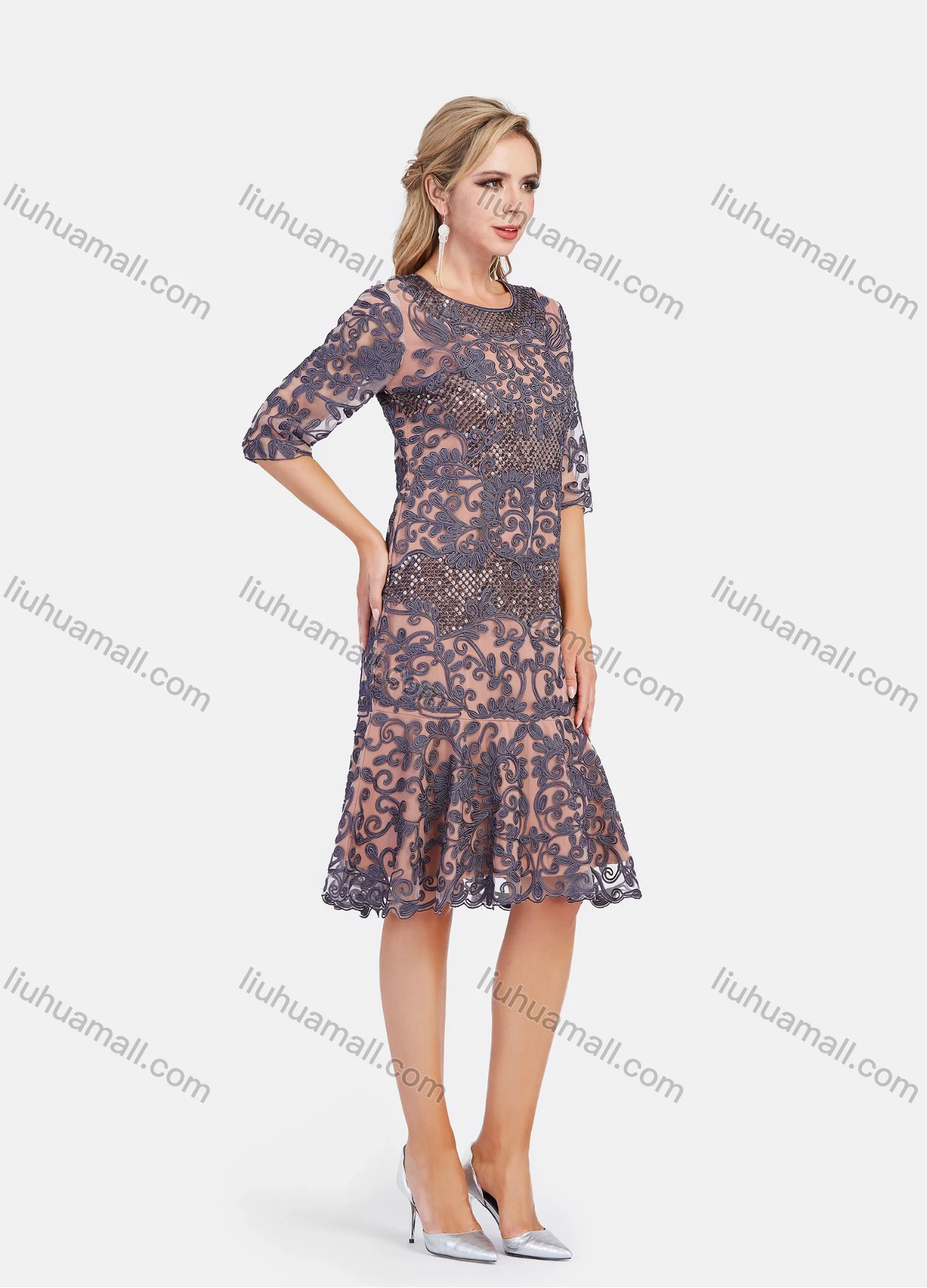 Wholesale Women's Elegant Beauty Lace Sequin Half Sleeve Mesh Embroidery Knee Length Dress - Liuhuamall