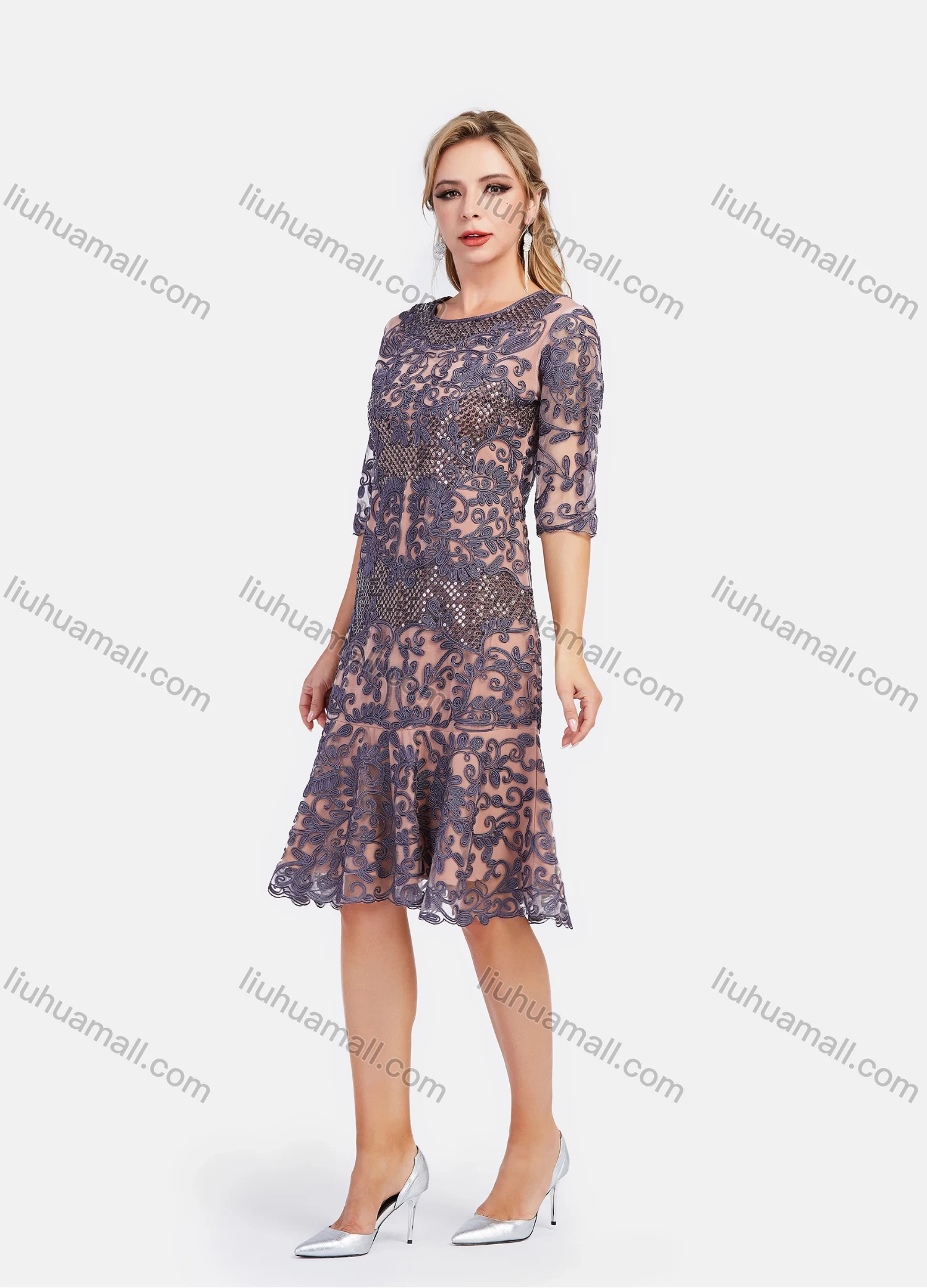 Wholesale Women's Elegant Beauty Lace Sequin Half Sleeve Mesh Embroidery Knee Length Dress - Liuhuamall