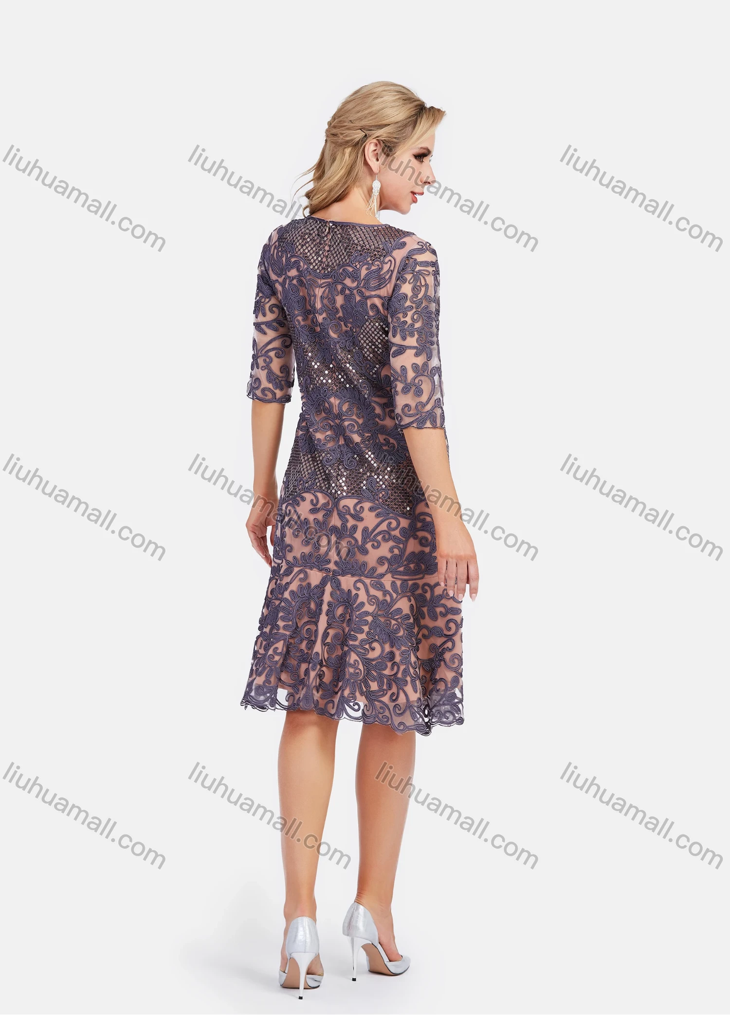 Wholesale Women's Elegant Beauty Lace Sequin Half Sleeve Mesh Embroidery Knee Length Dress - Liuhuamall