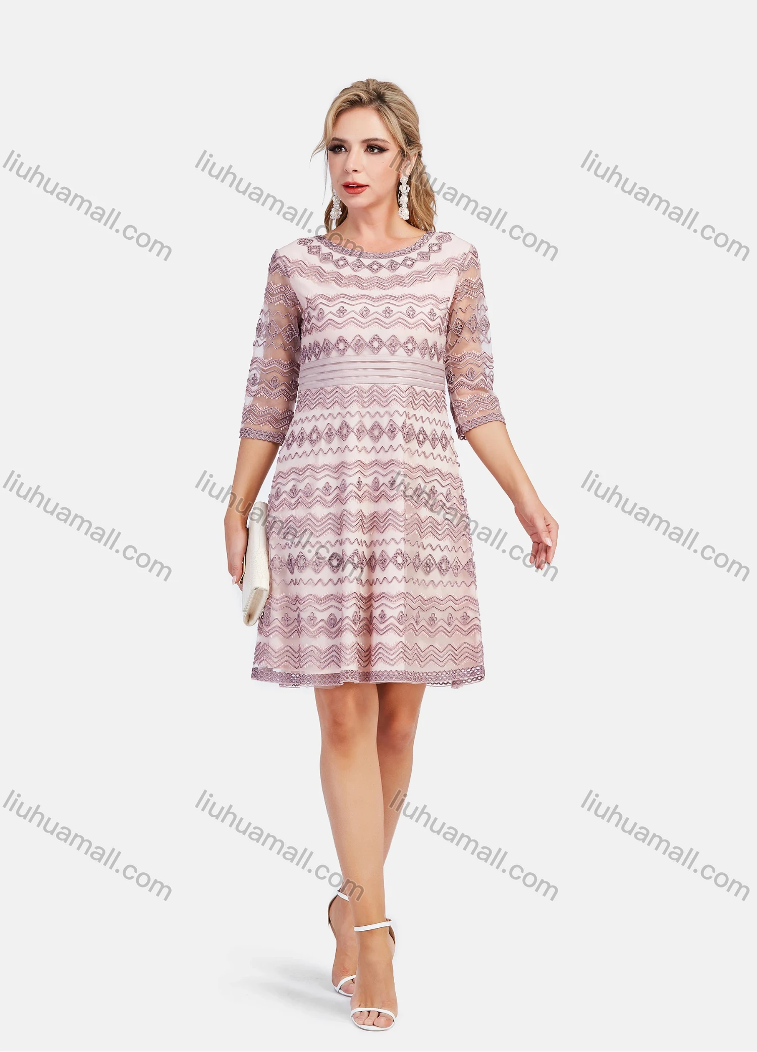 Wholesale Women's Elegant A-Line Chevron Embroidery High Waist Short Dress - Liuhuamall