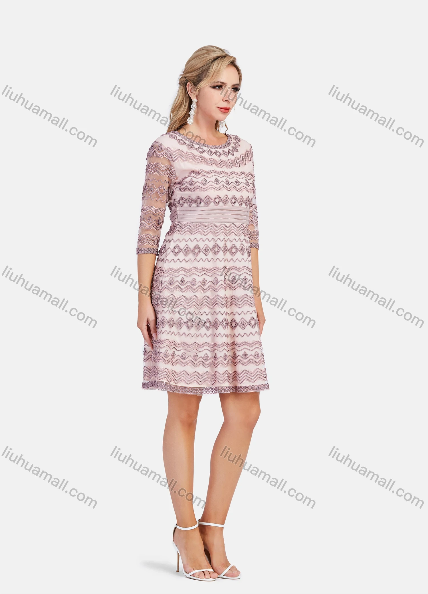 Wholesale Women's Elegant A-Line Chevron Embroidery High Waist Short Dress - Liuhuamall