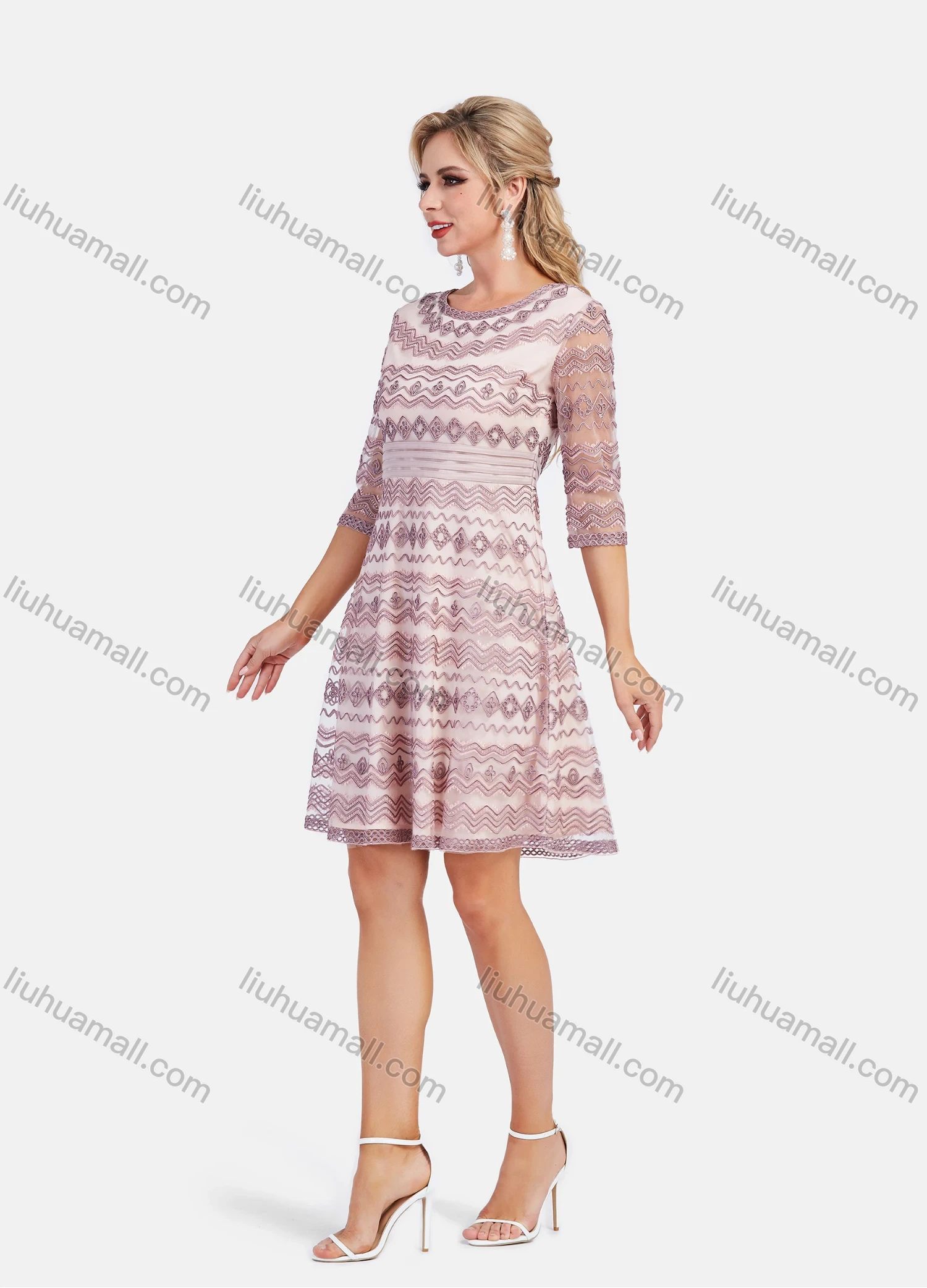 Wholesale Women's Elegant A-Line Chevron Embroidery High Waist Short Dress - Liuhuamall