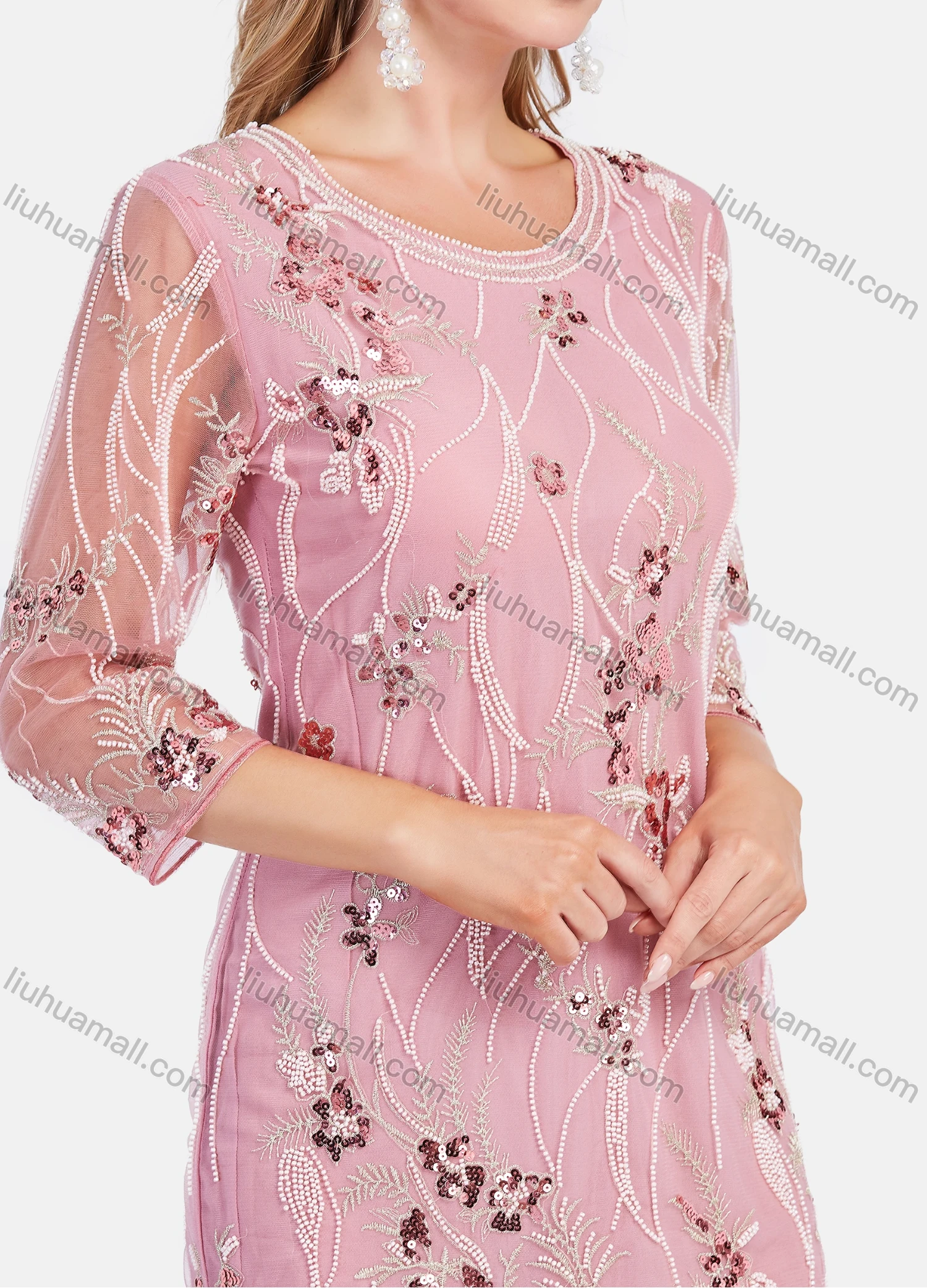 Wholesale Women's Elegant Beauty Transparent Half Sleeve Mesh Embroidery 3/4 Sleeve Short Dress - Liuhuamall