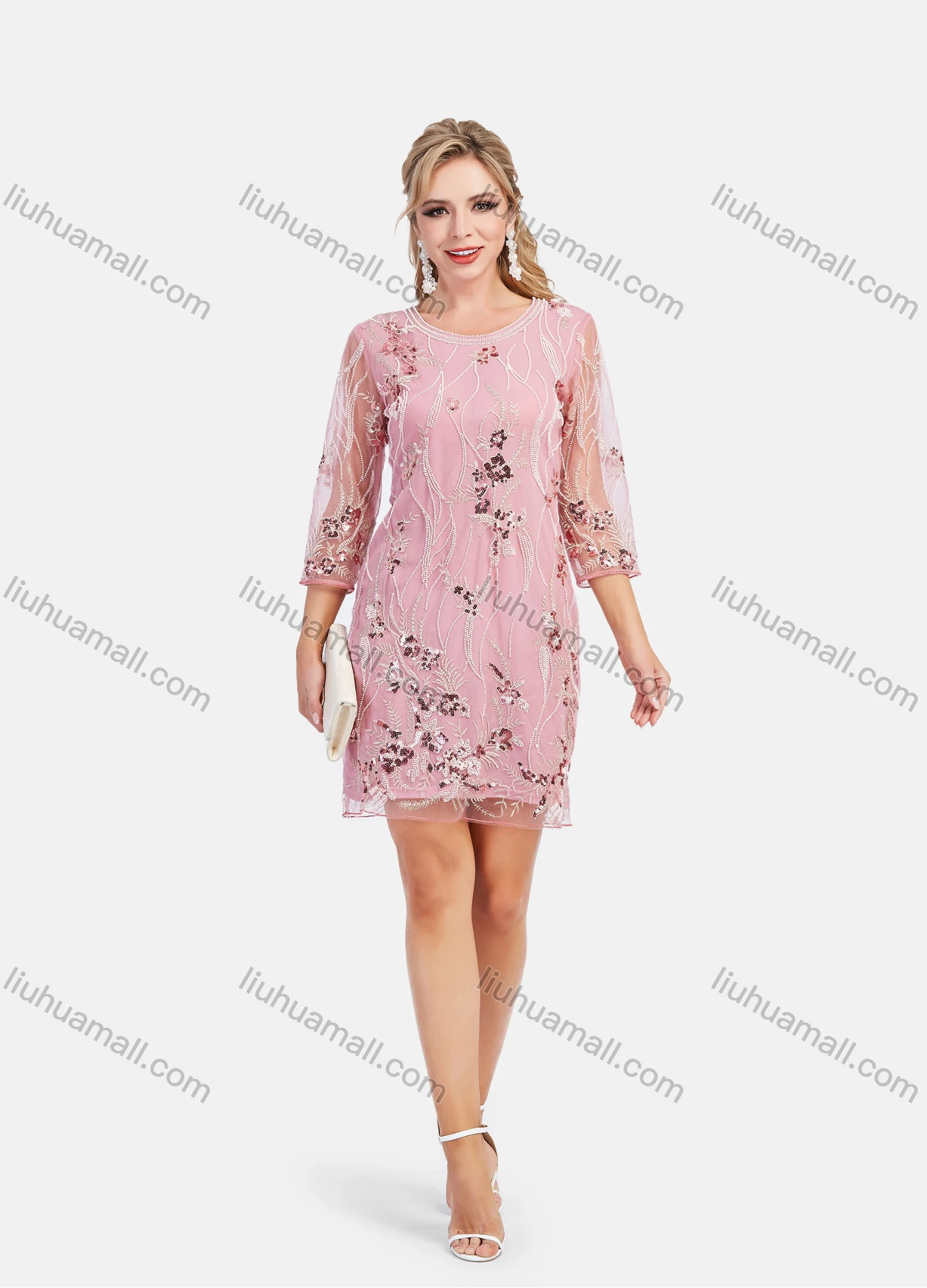 Wholesale Women's Elegant Beauty Transparent Half Sleeve Mesh Embroidery 3/4 Sleeve Short Dress - Liuhuamall