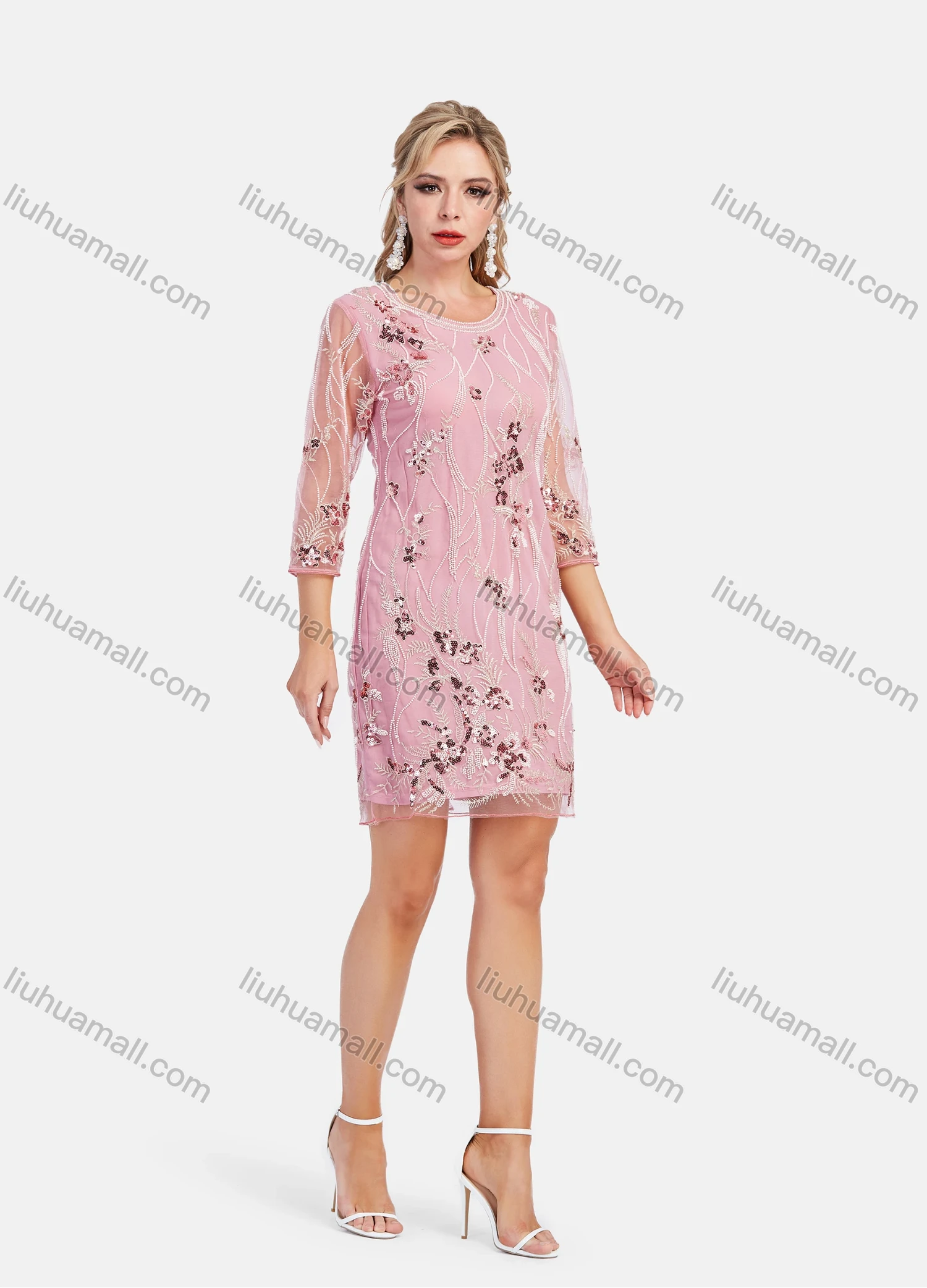 Wholesale Women's Elegant Beauty Transparent Half Sleeve Mesh Embroidery 3/4 Sleeve Short Dress - Liuhuamall
