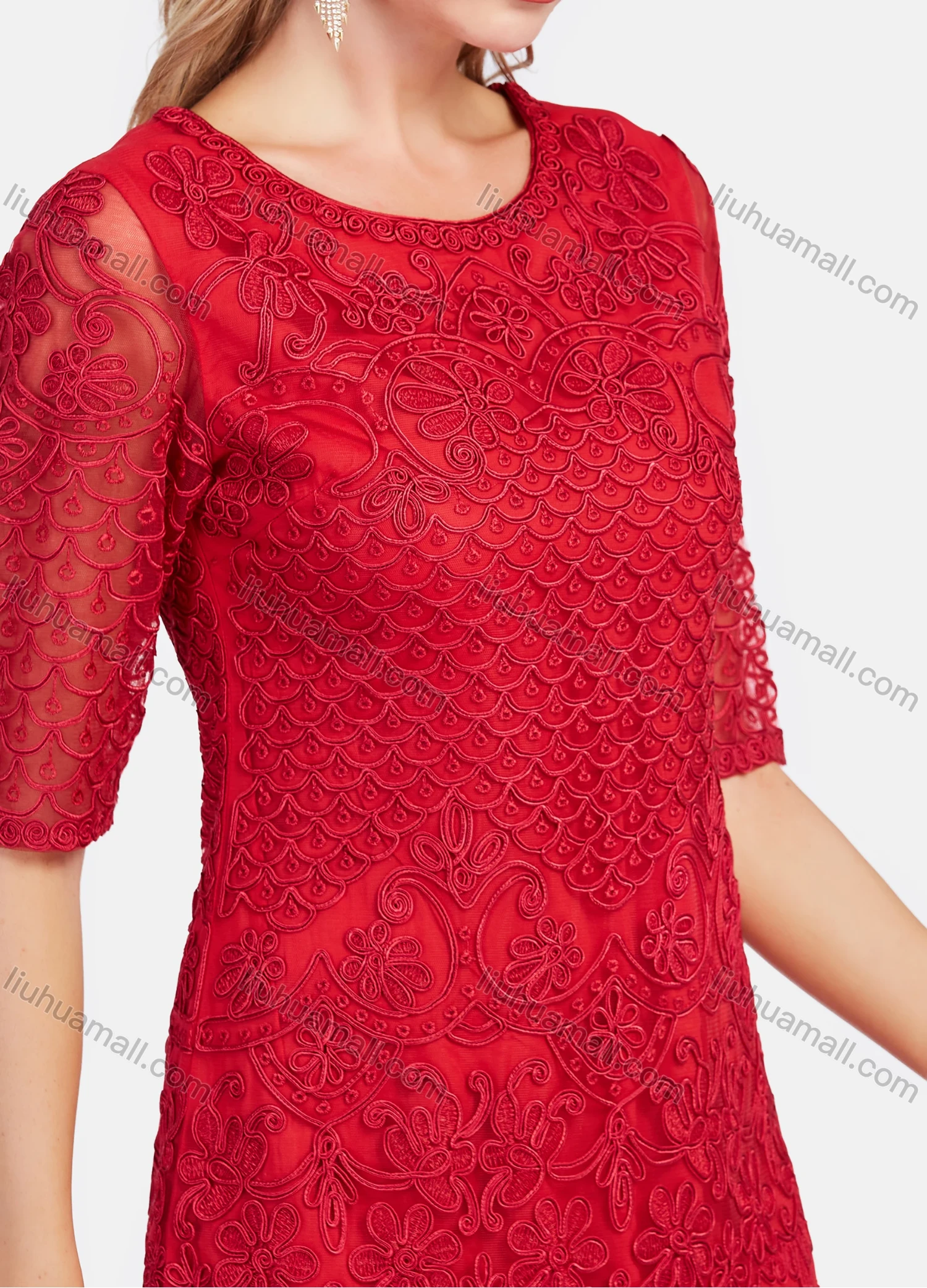 Wholesale Women's Causal Round Neck Half Sleeve Embroidered Lace Short Dress - Liuhuamall