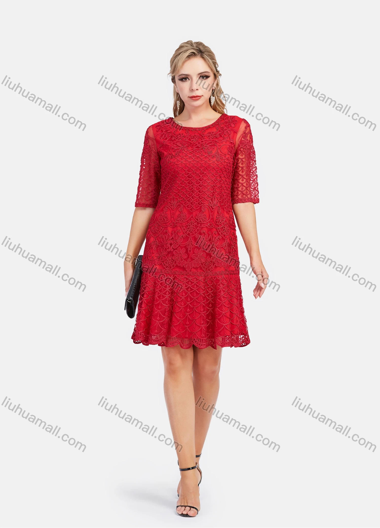 Wholesale Women's Causal Round Neck Half Sleeve Embroidered Lace Short Dress - Liuhuamall