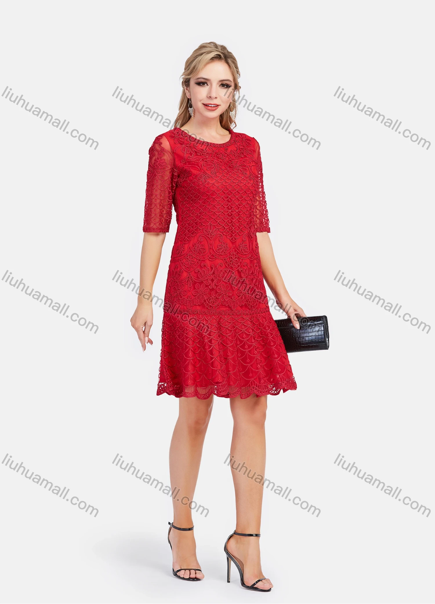 Wholesale Women's Causal Round Neck Half Sleeve Embroidered Lace Short Dress - Liuhuamall