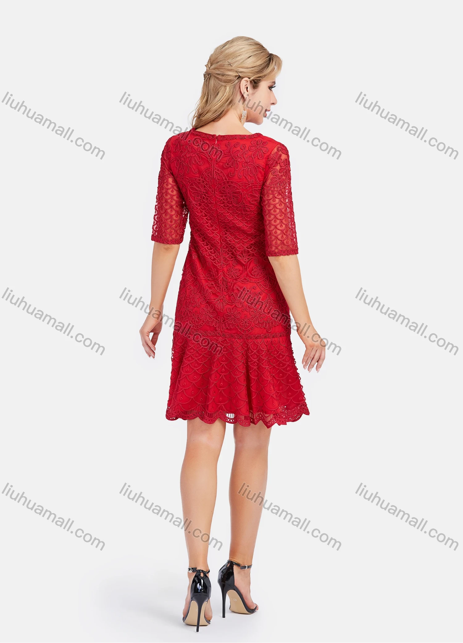 Wholesale Women's Causal Round Neck Half Sleeve Embroidered Lace Short Dress - Liuhuamall