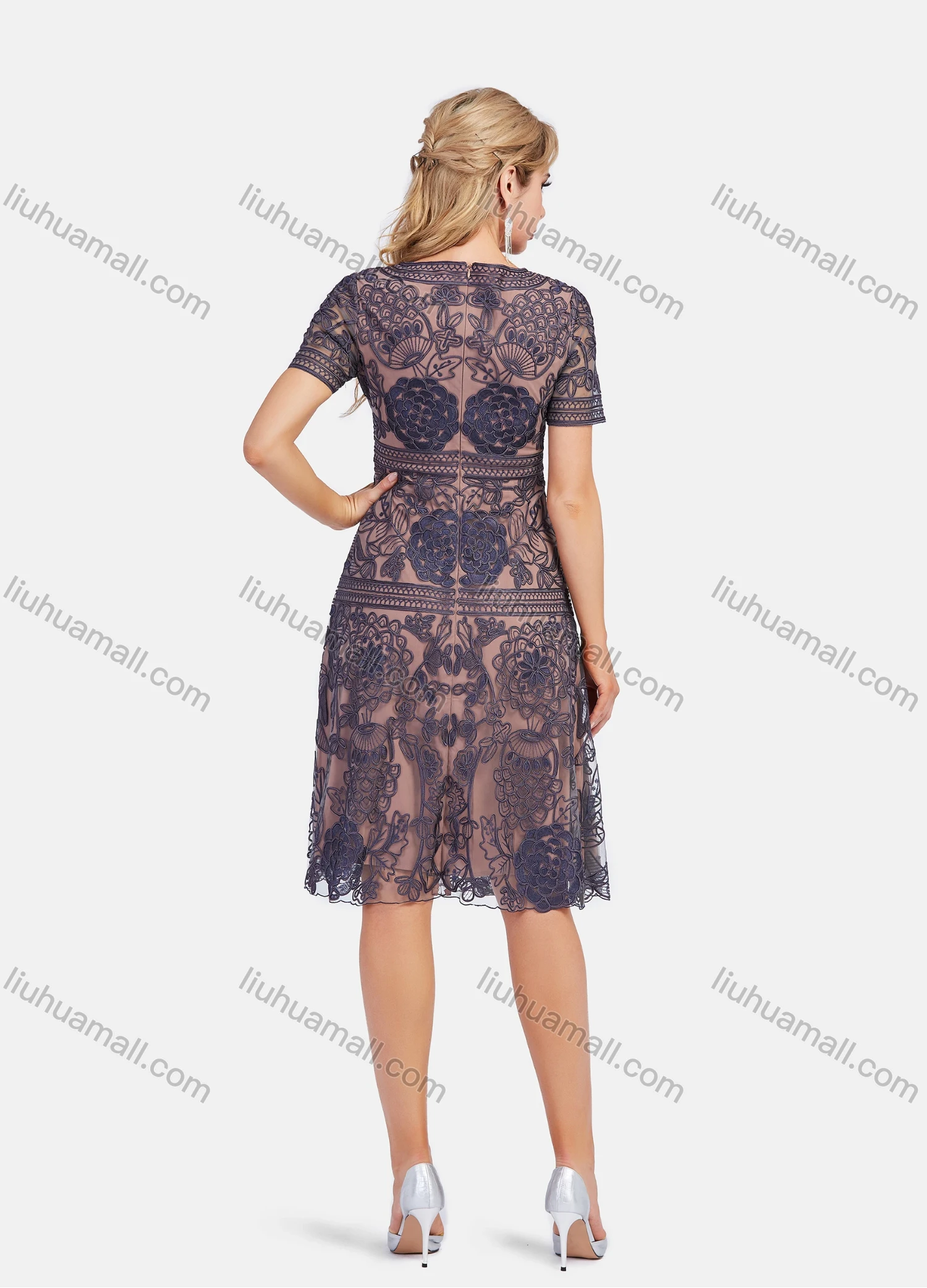 Wholesale Women's Elegant V Neck Short Sleeve A-Line Floral Embroidery Lace Hem Knee Length Dress - Liuhuamall