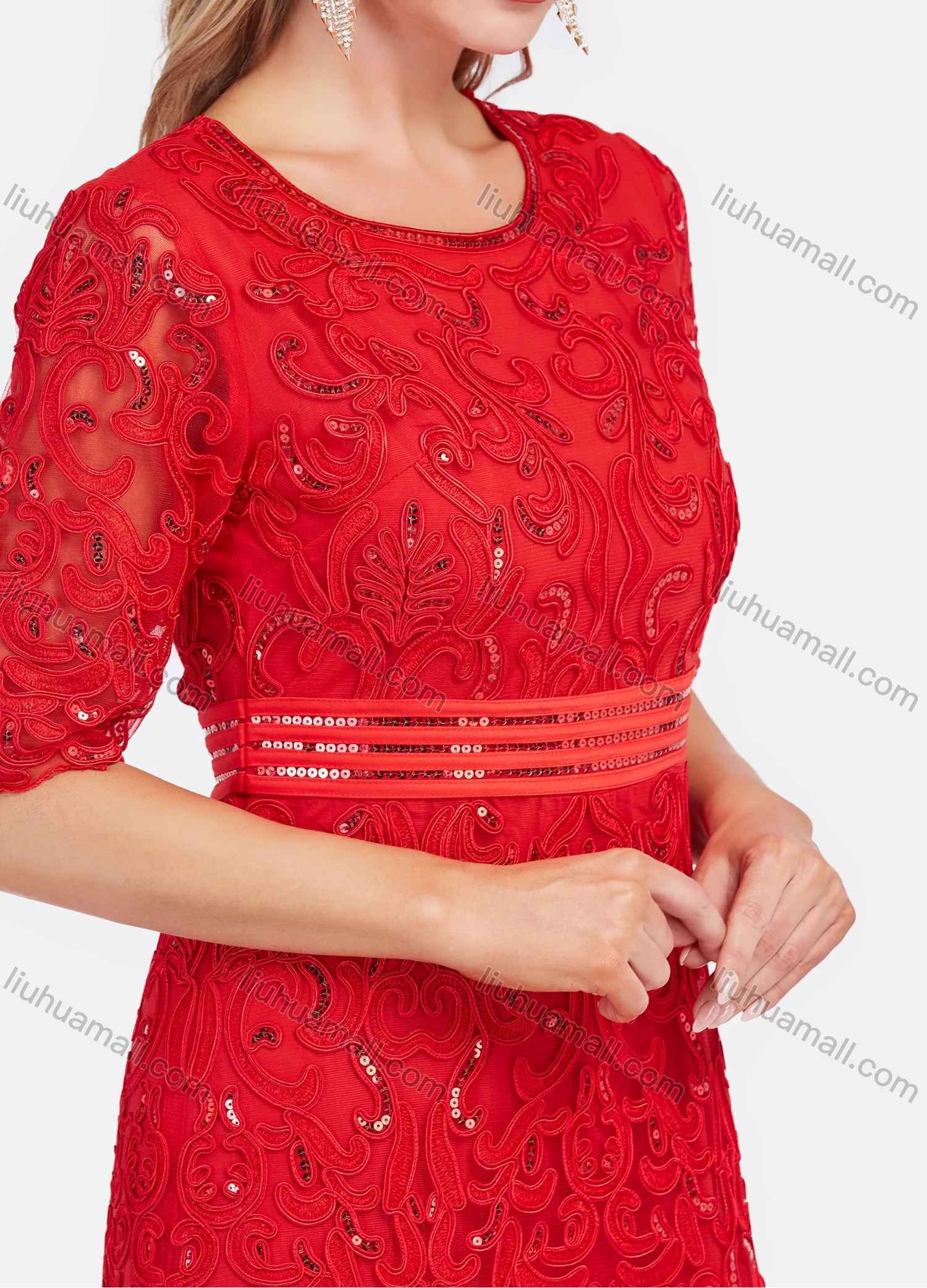 Wholesale Women's Elegant High Waist Embroidery Lace Hem Pleated Knee Length Dress - Liuhuamall