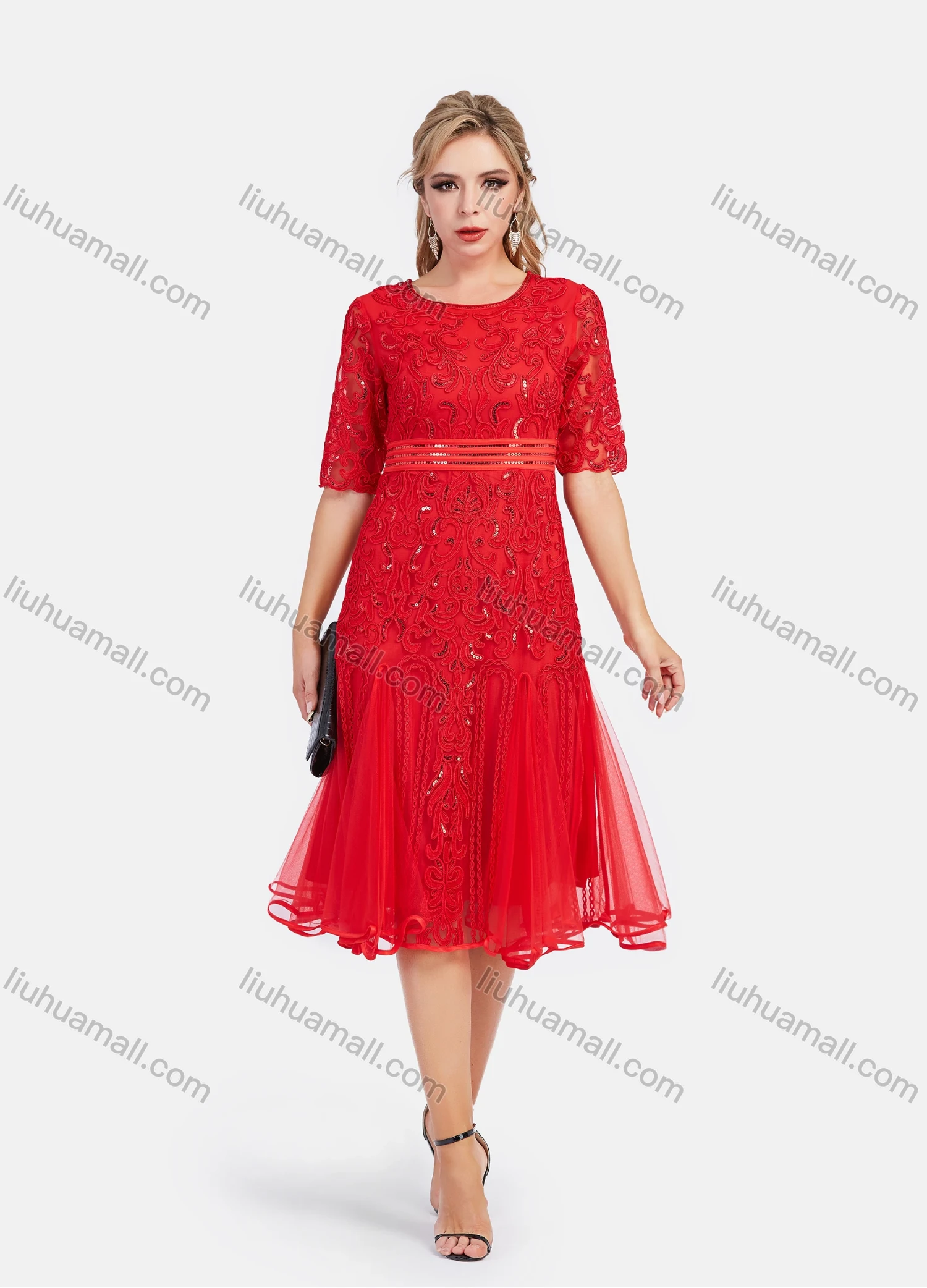 Wholesale Women's Elegant High Waist Embroidery Lace Hem Pleated Knee Length Dress - Liuhuamall