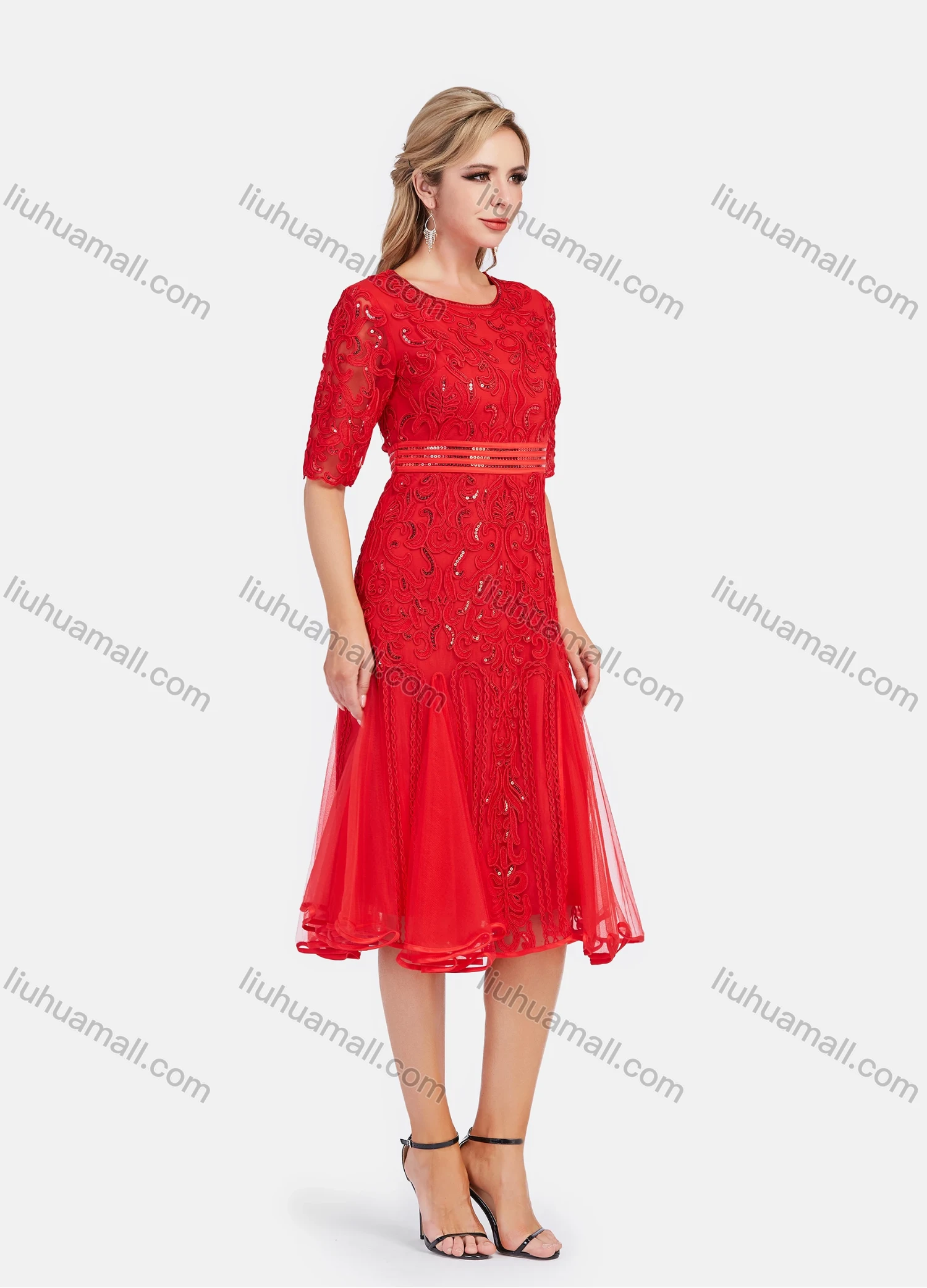 Wholesale Women's Elegant High Waist Embroidery Lace Hem Pleated Knee Length Dress - Liuhuamall