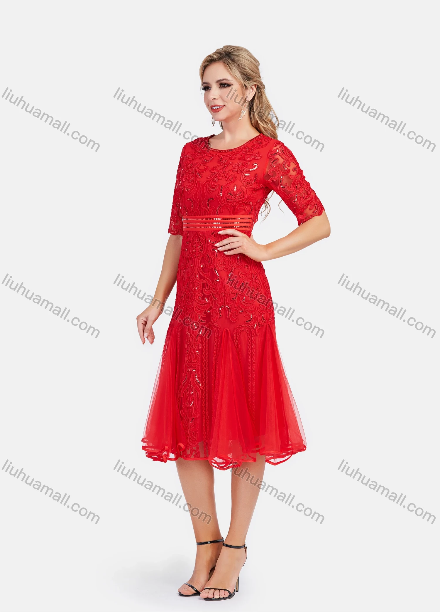 Wholesale Women's Elegant High Waist Embroidery Lace Hem Pleated Knee Length Dress - Liuhuamall