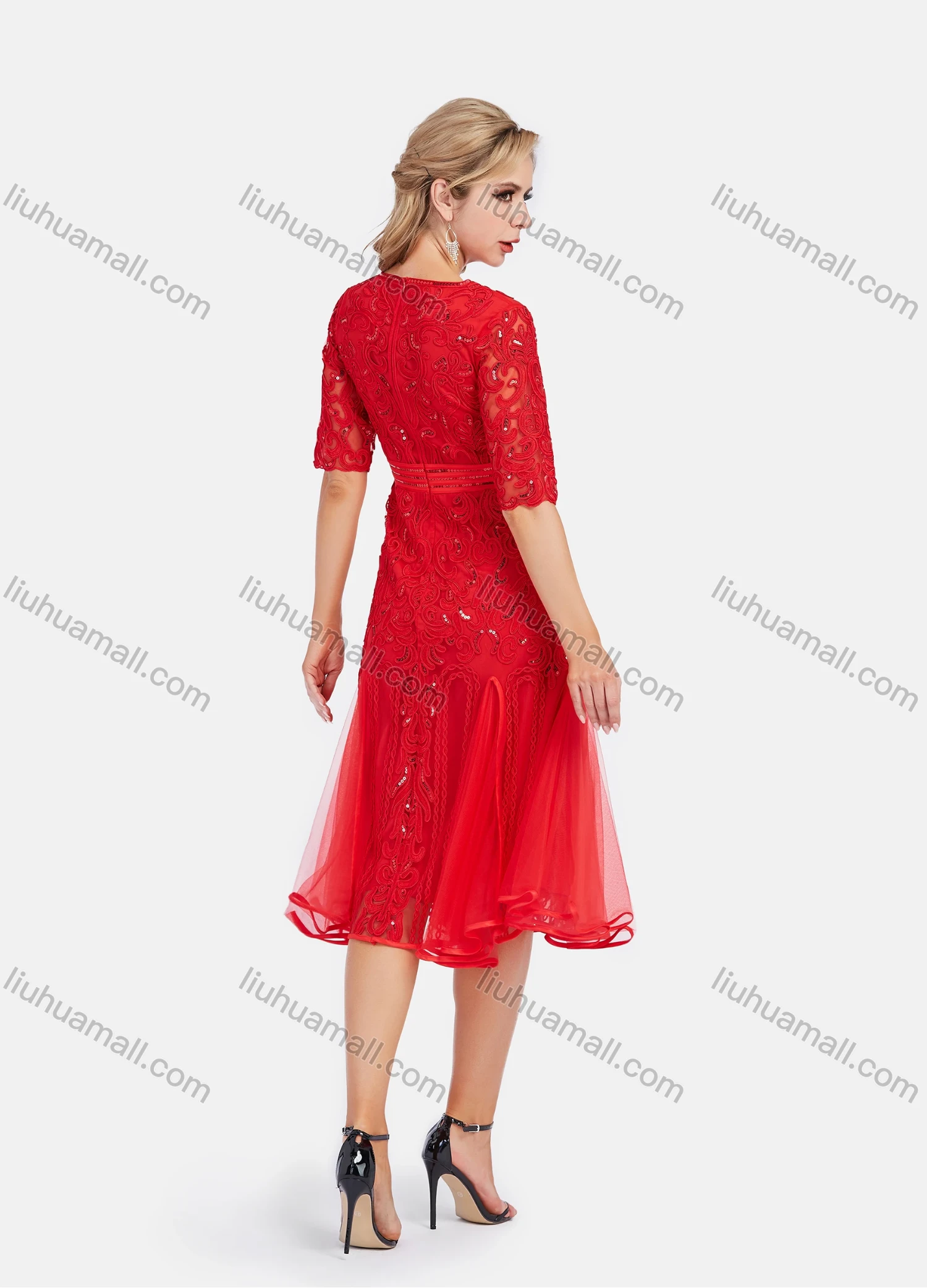 Wholesale Women's Elegant High Waist Embroidery Lace Hem Pleated Knee Length Dress - Liuhuamall