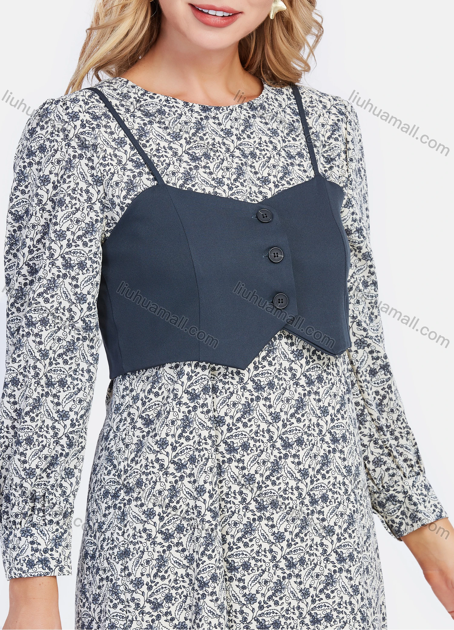 Wholesale Women's Casual Long Sleeve Floral Print Knee Length Dress With Detachable Cami Vest - Liuhuamall