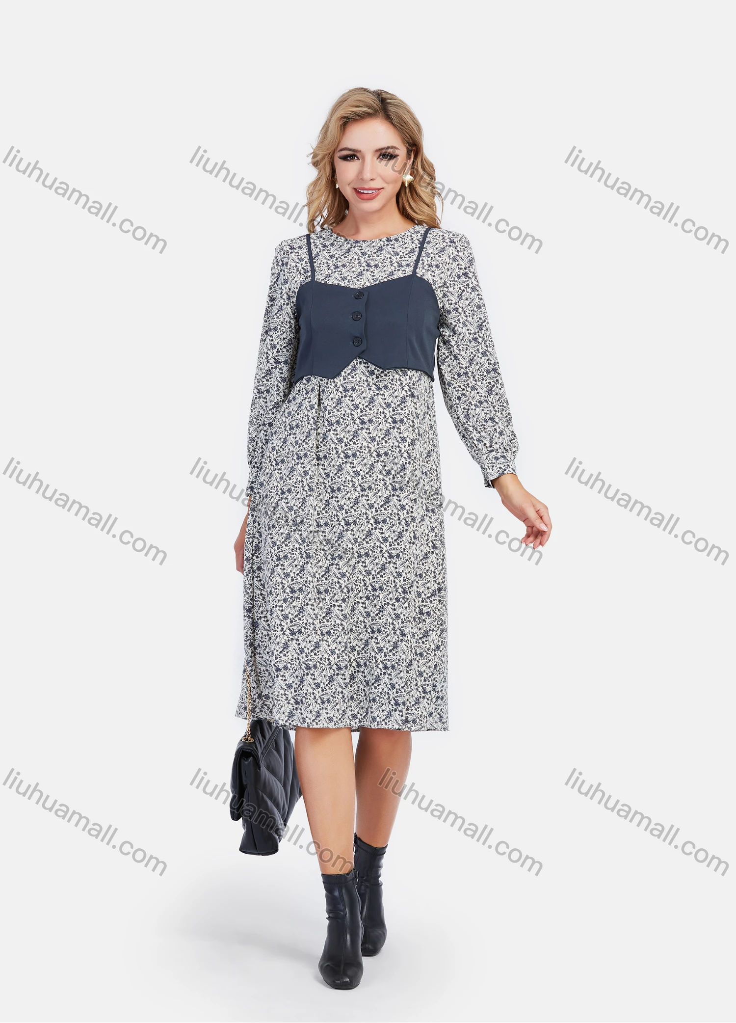 Wholesale Women's Casual Long Sleeve Floral Print Knee Length Dress With Detachable Cami Vest - Liuhuamall