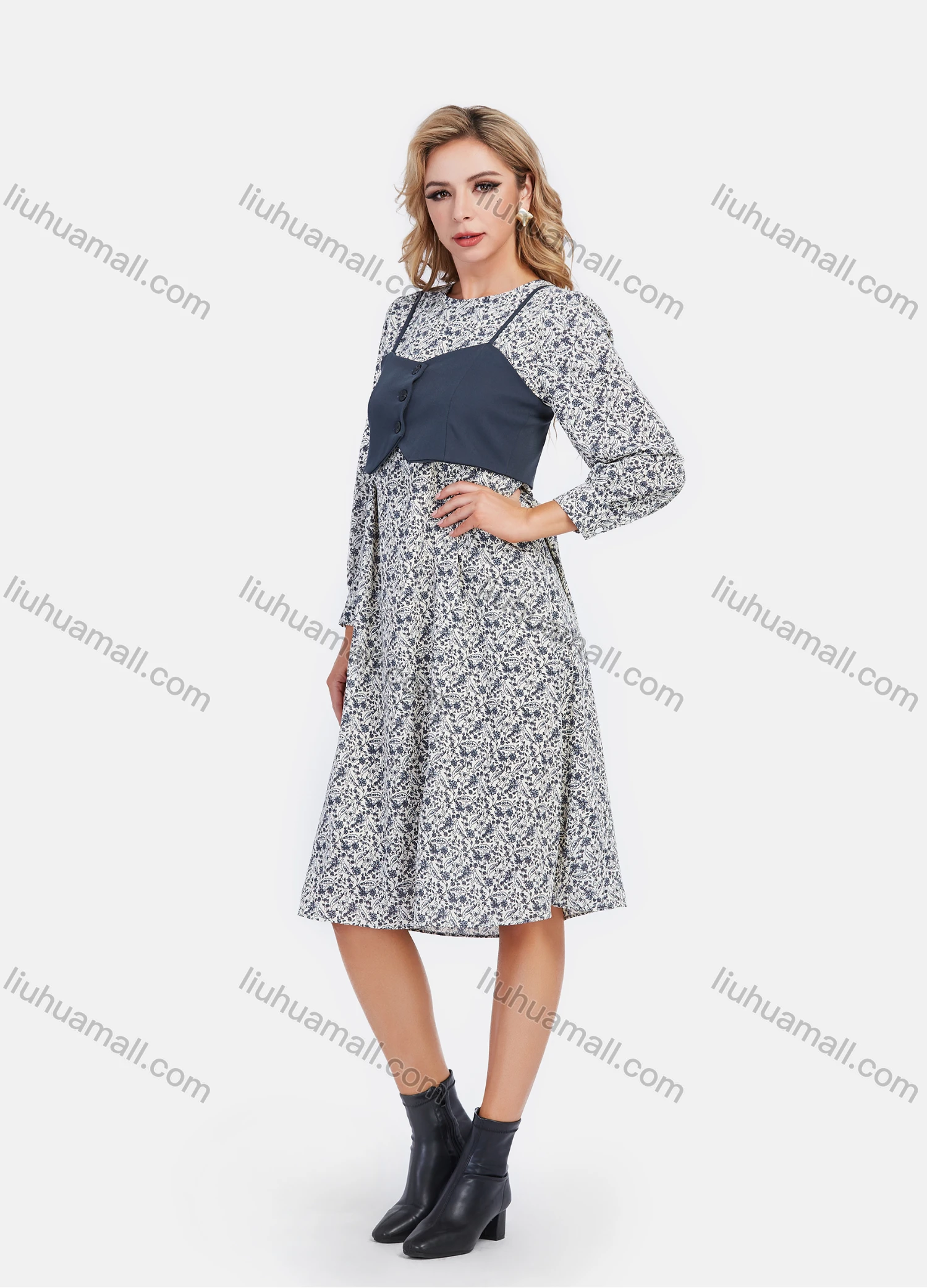 Wholesale Women's Casual Long Sleeve Floral Print Knee Length Dress With Detachable Cami Vest - Liuhuamall