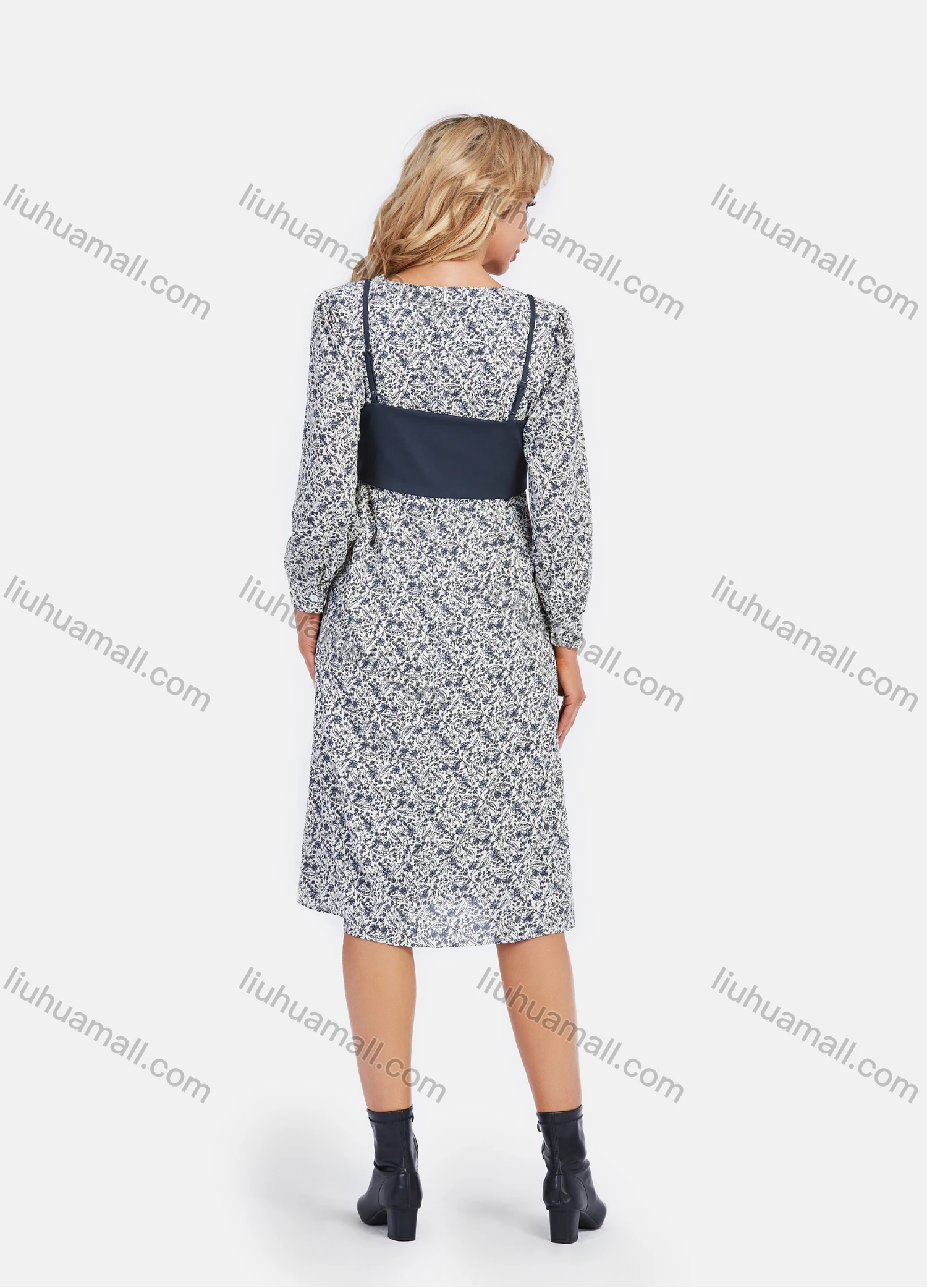 Wholesale Women's Casual Long Sleeve Floral Print Knee Length Dress With Detachable Cami Vest - Liuhuamall