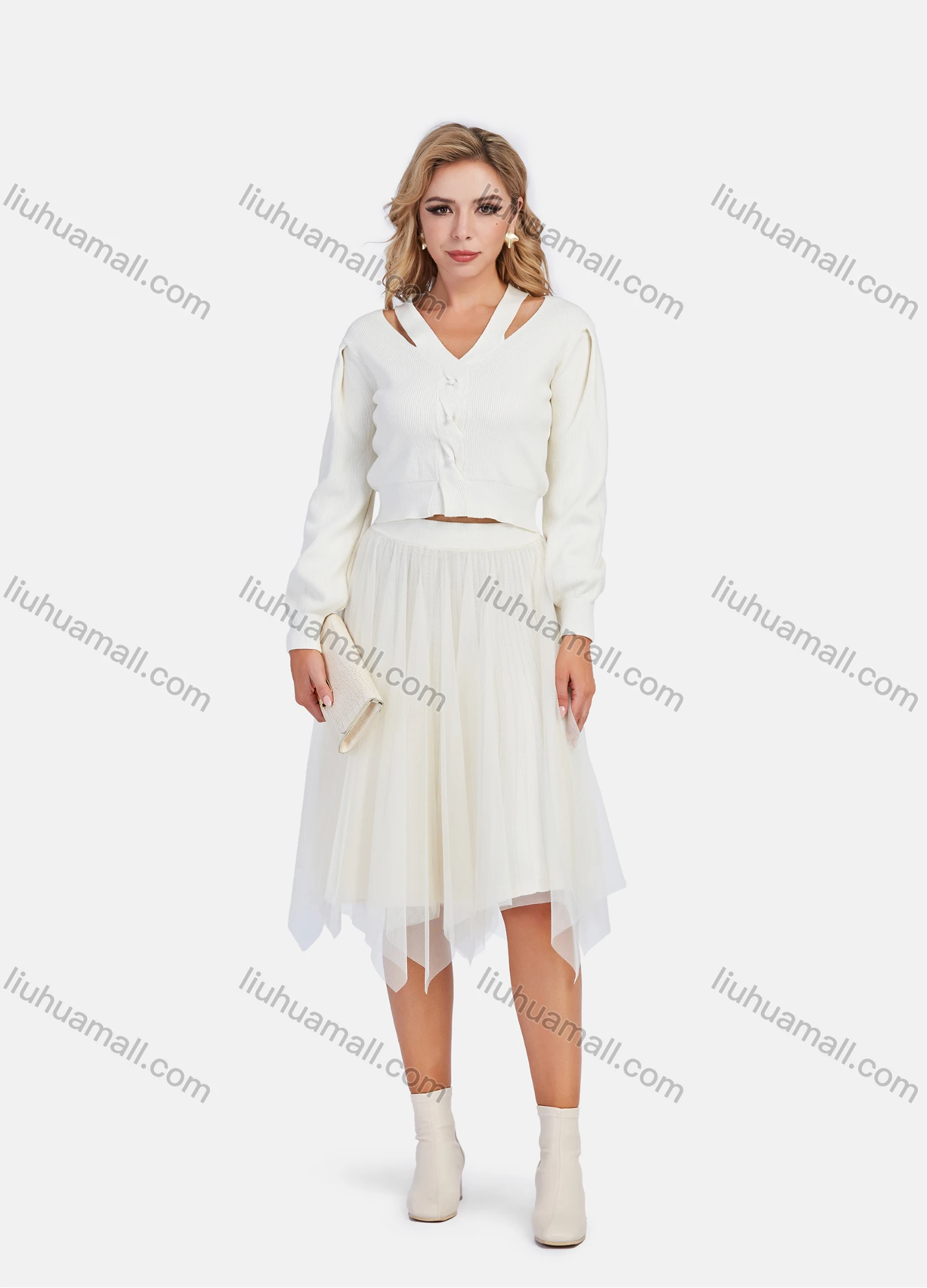 Wholesale Women's Casual Cut Out Rib-Knit Top With Pleated Skirt 2 Piece Set - Liuhuamall
