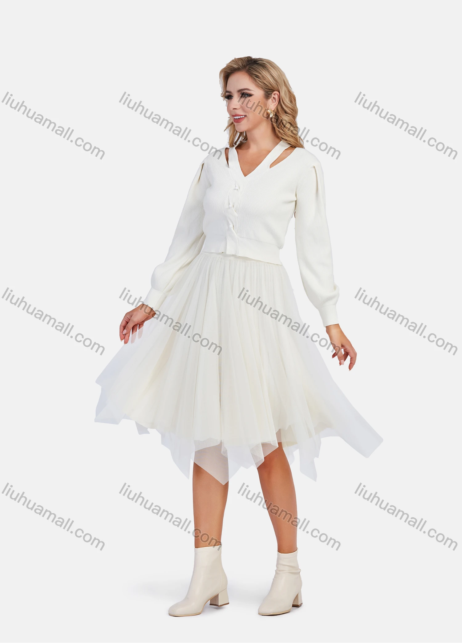 Wholesale Women's Casual Cut Out Rib-Knit Top With Pleated Skirt 2 Piece Set - Liuhuamall