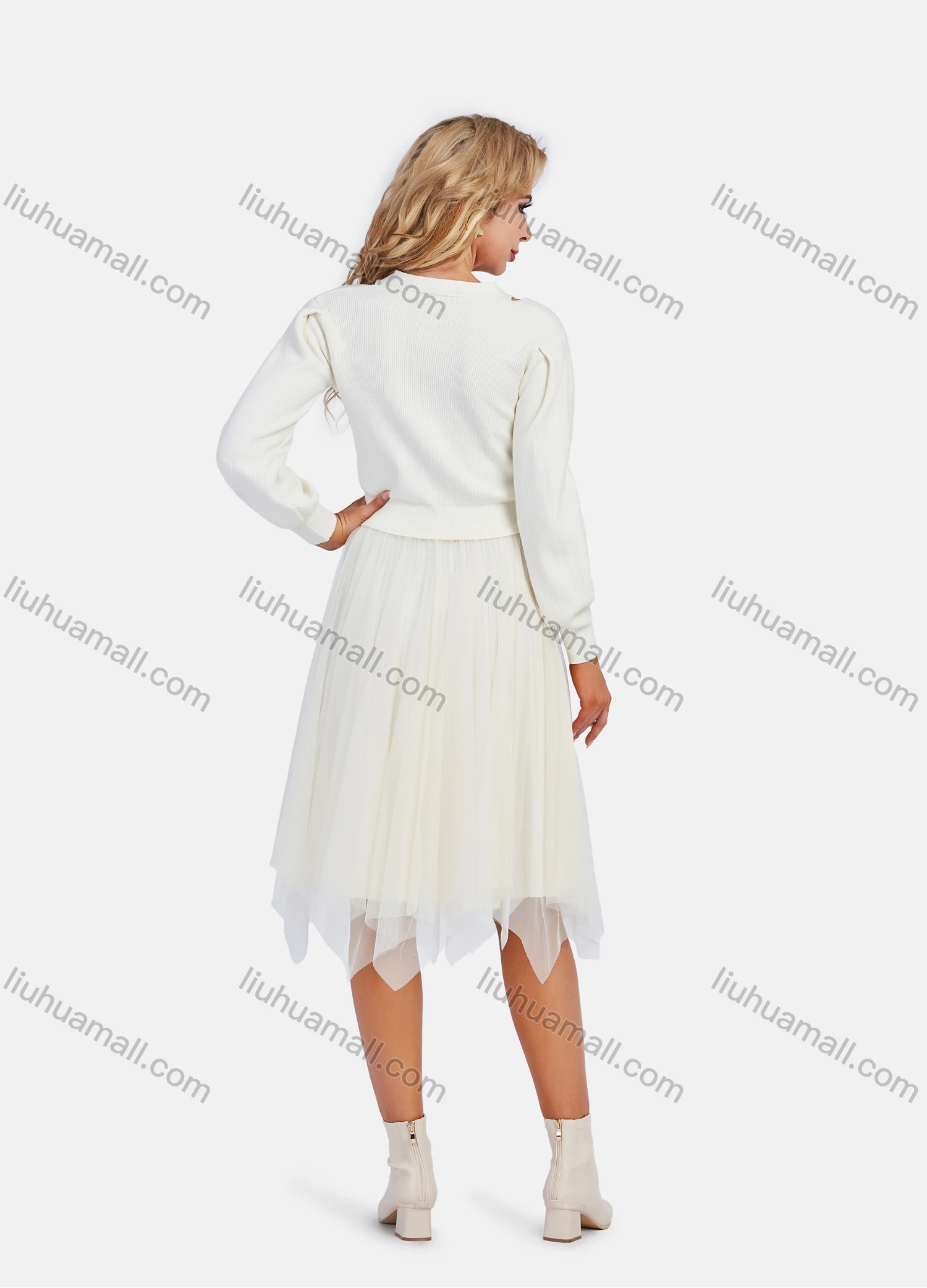 Wholesale Women's Casual Cut Out Rib-Knit Top With Pleated Skirt 2 Piece Set - Liuhuamall