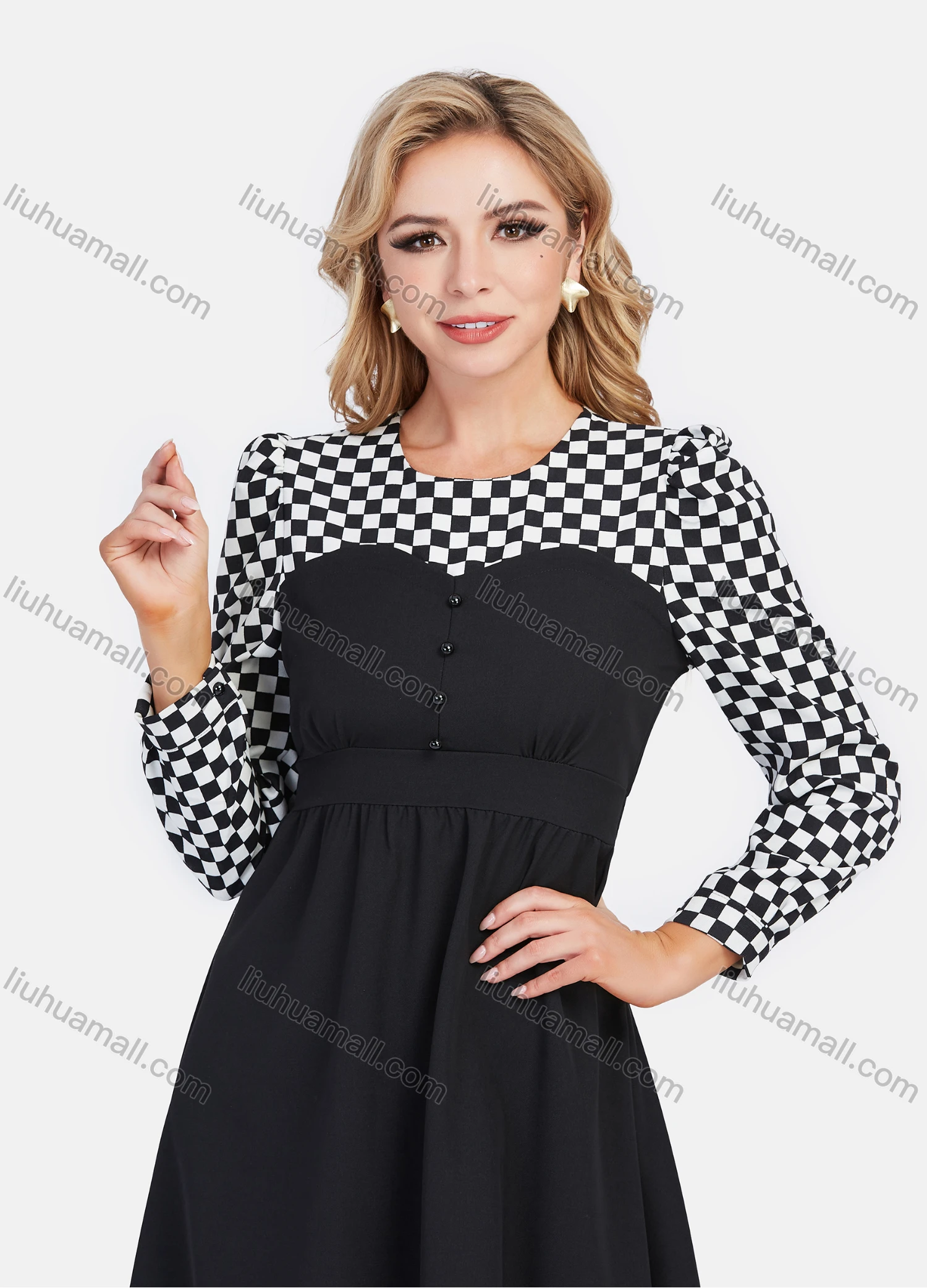 Wholesale Women's Elegant A-Line Waistband Keyhole Back Checkerboard Splicing Knee Length Dress - Liuhuamall