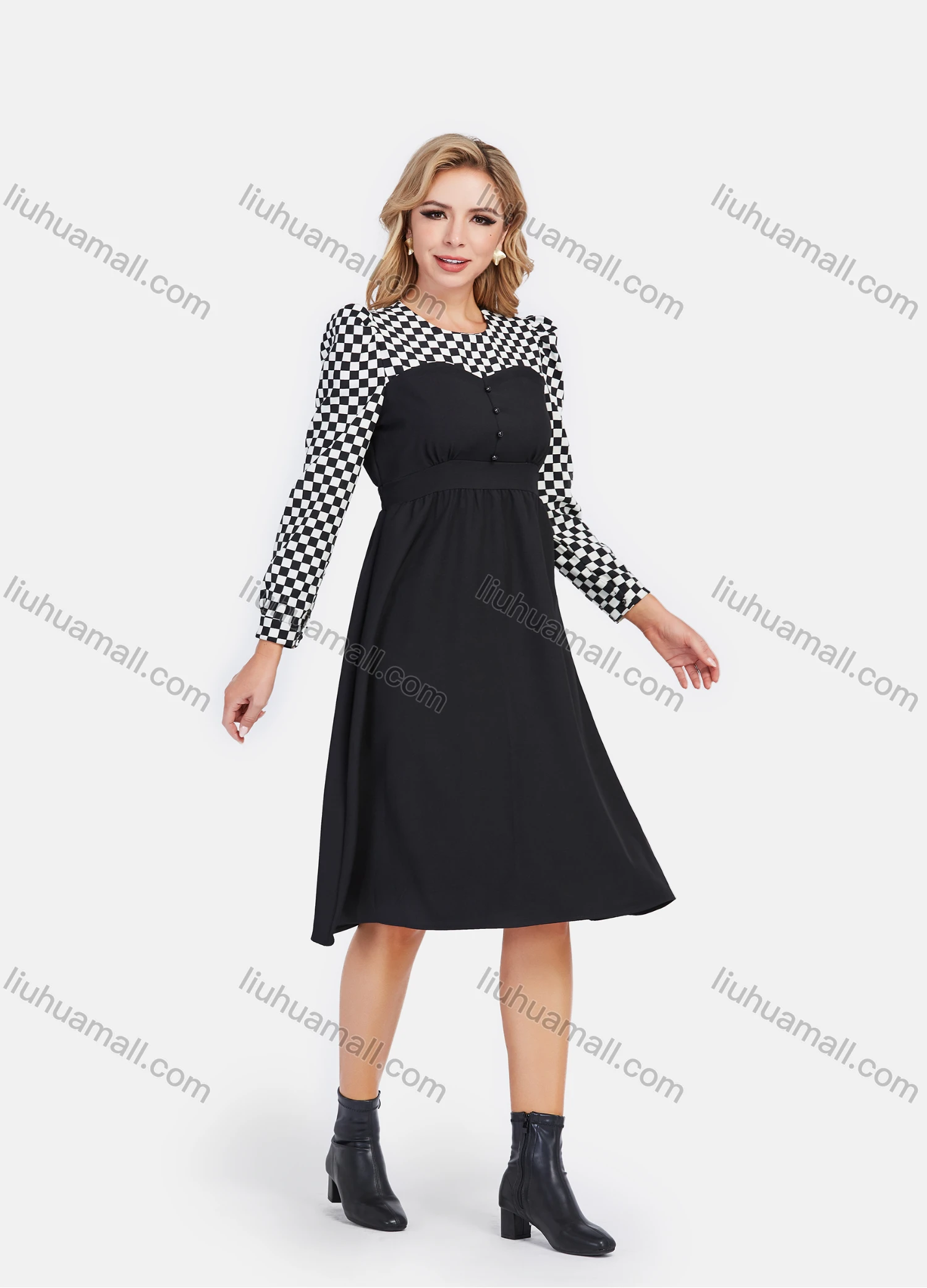 Wholesale Women's Elegant A-Line Waistband Keyhole Back Checkerboard Splicing Knee Length Dress - Liuhuamall