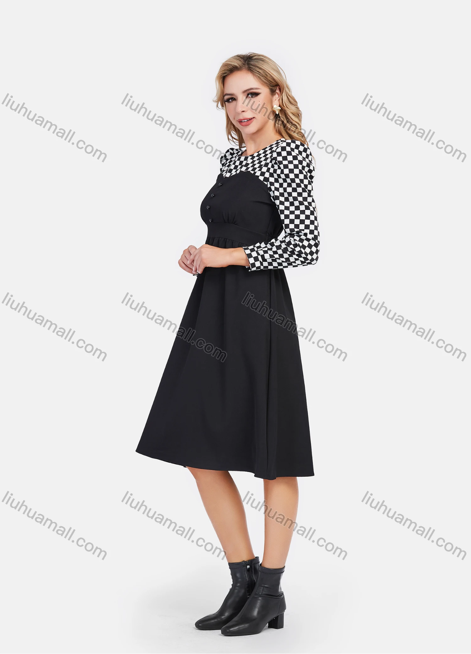 Wholesale Women's Elegant A-Line Waistband Keyhole Back Checkerboard Splicing Knee Length Dress - Liuhuamall