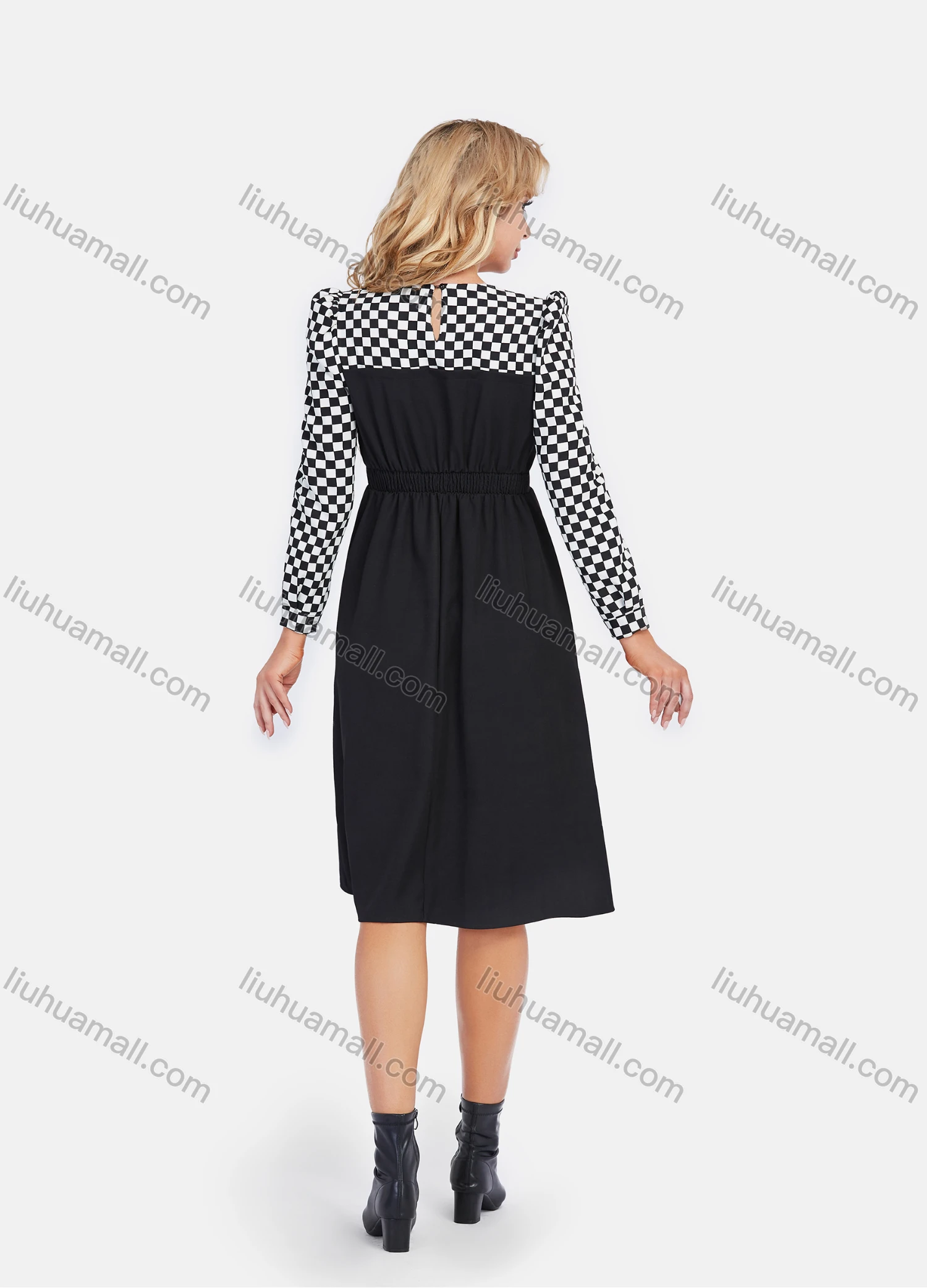 Wholesale Women's Elegant A-Line Waistband Keyhole Back Checkerboard Splicing Knee Length Dress - Liuhuamall